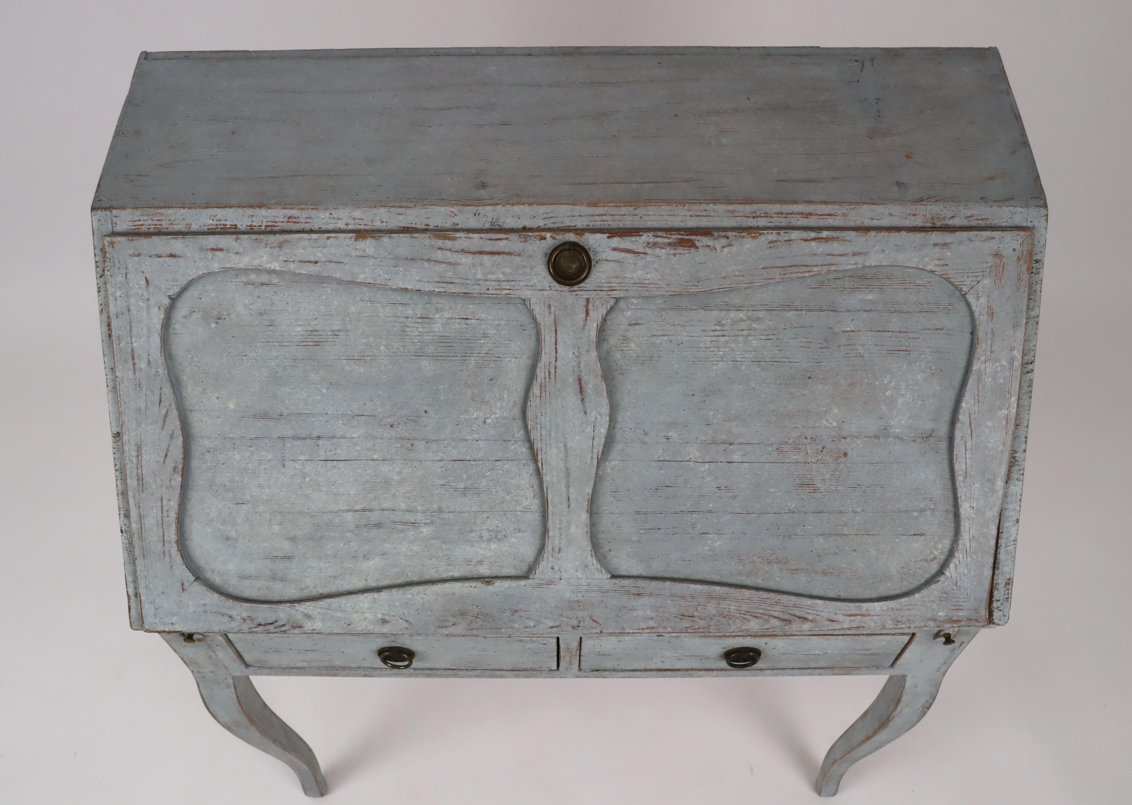 Swedish 1880s Blue Gray Painted Slant Front Desk with Carved Panels and Drawers 4