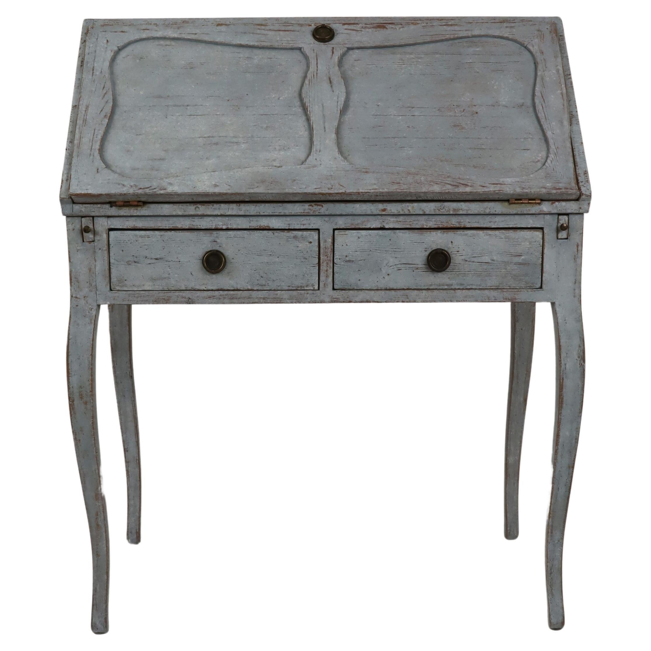 Swedish 1880s Blue Gray Painted Slant Front Desk with Carved Panels and Drawers