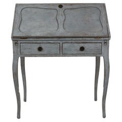 Swedish 1880s Blue Gray Painted Slant Front Desk with Carved Panels and Drawers