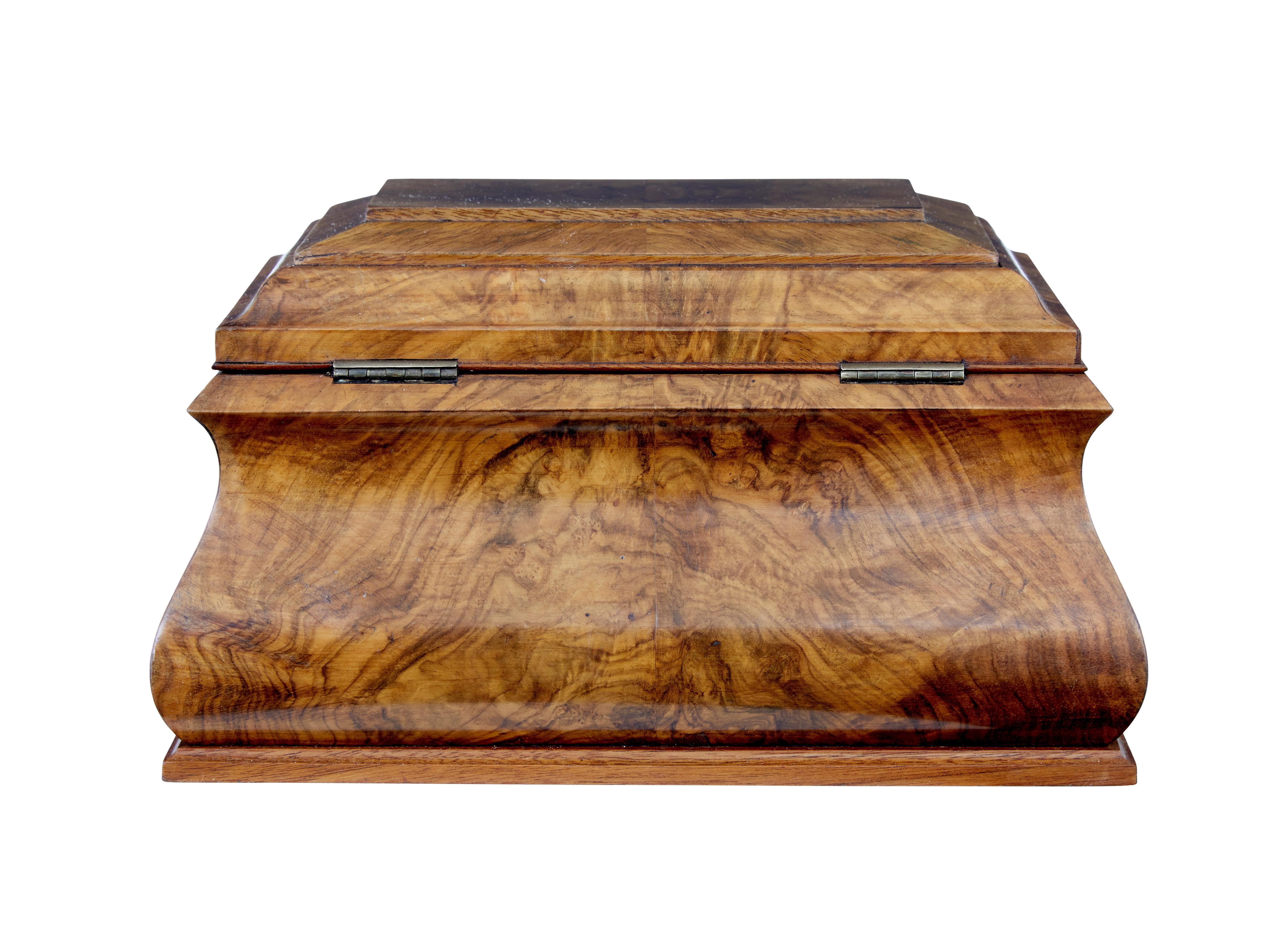 Swedish 1880s Burr Walnut Sarcophagus Form Partitioned Sewing Box from Gnesta In Good Condition For Sale In Atlanta, GA