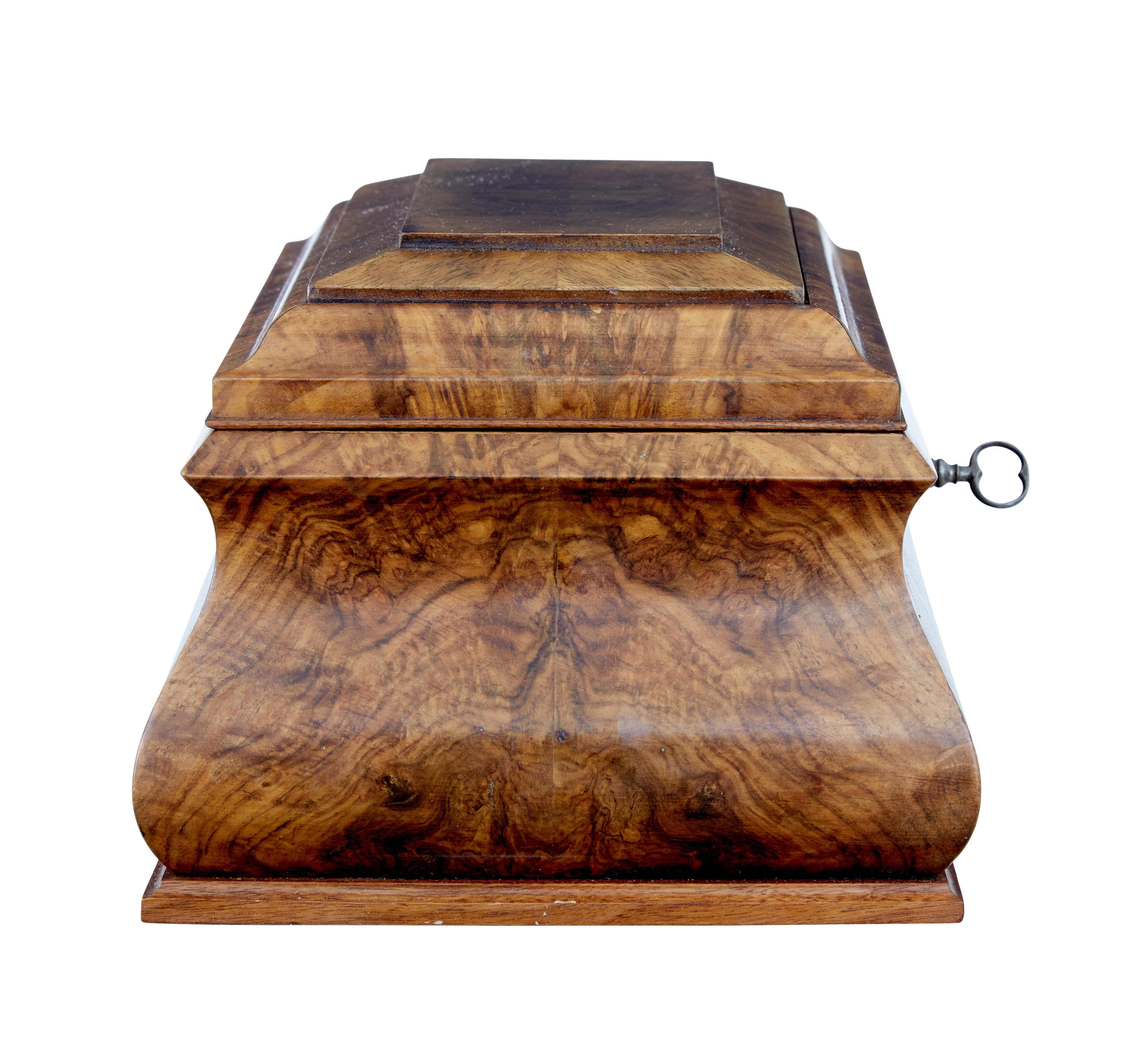 19th Century Swedish 1880s Burr Walnut Sarcophagus Form Partitioned Sewing Box from Gnesta For Sale