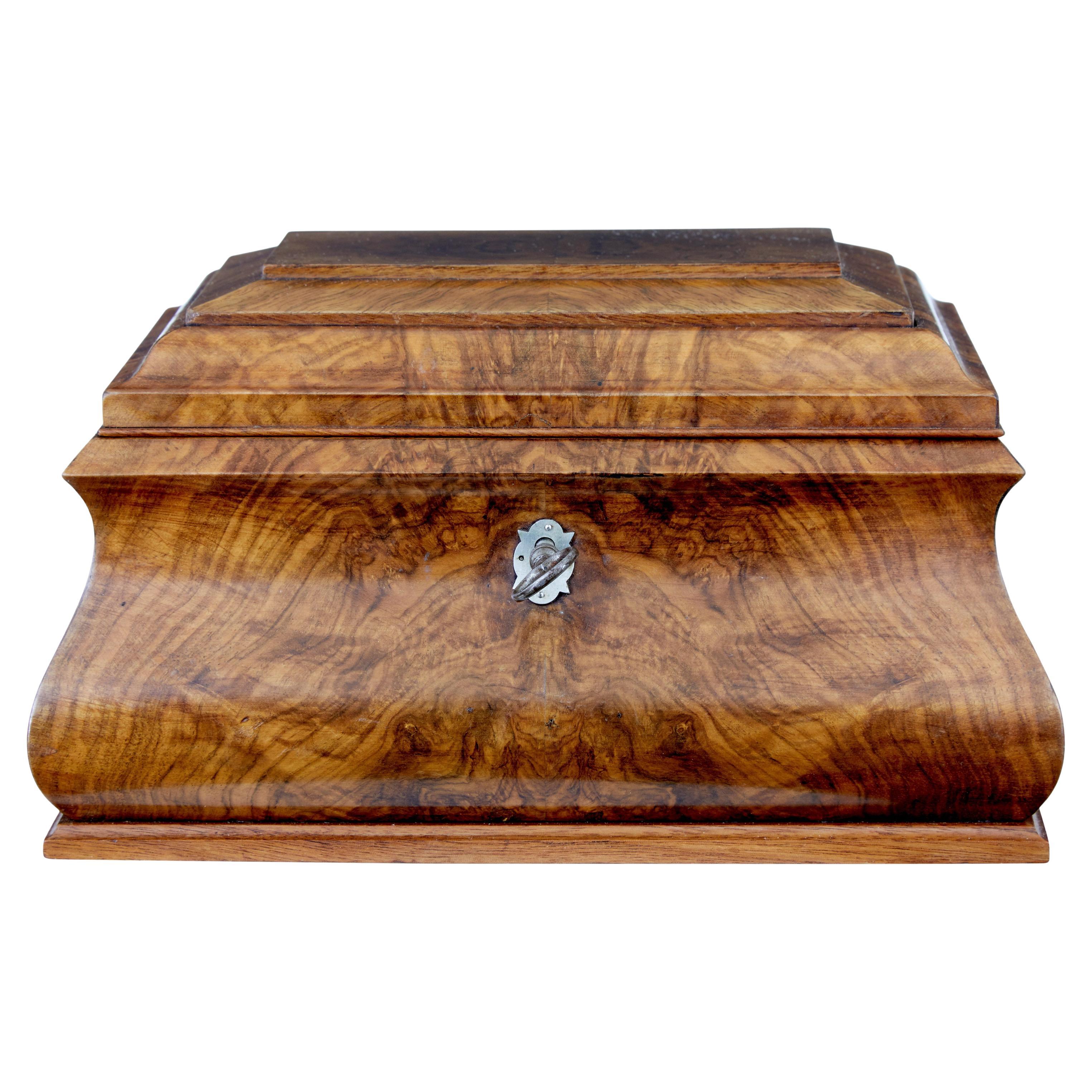 Swedish 1880s Burr Walnut Sarcophagus Form Partitioned Sewing Box from Gnesta