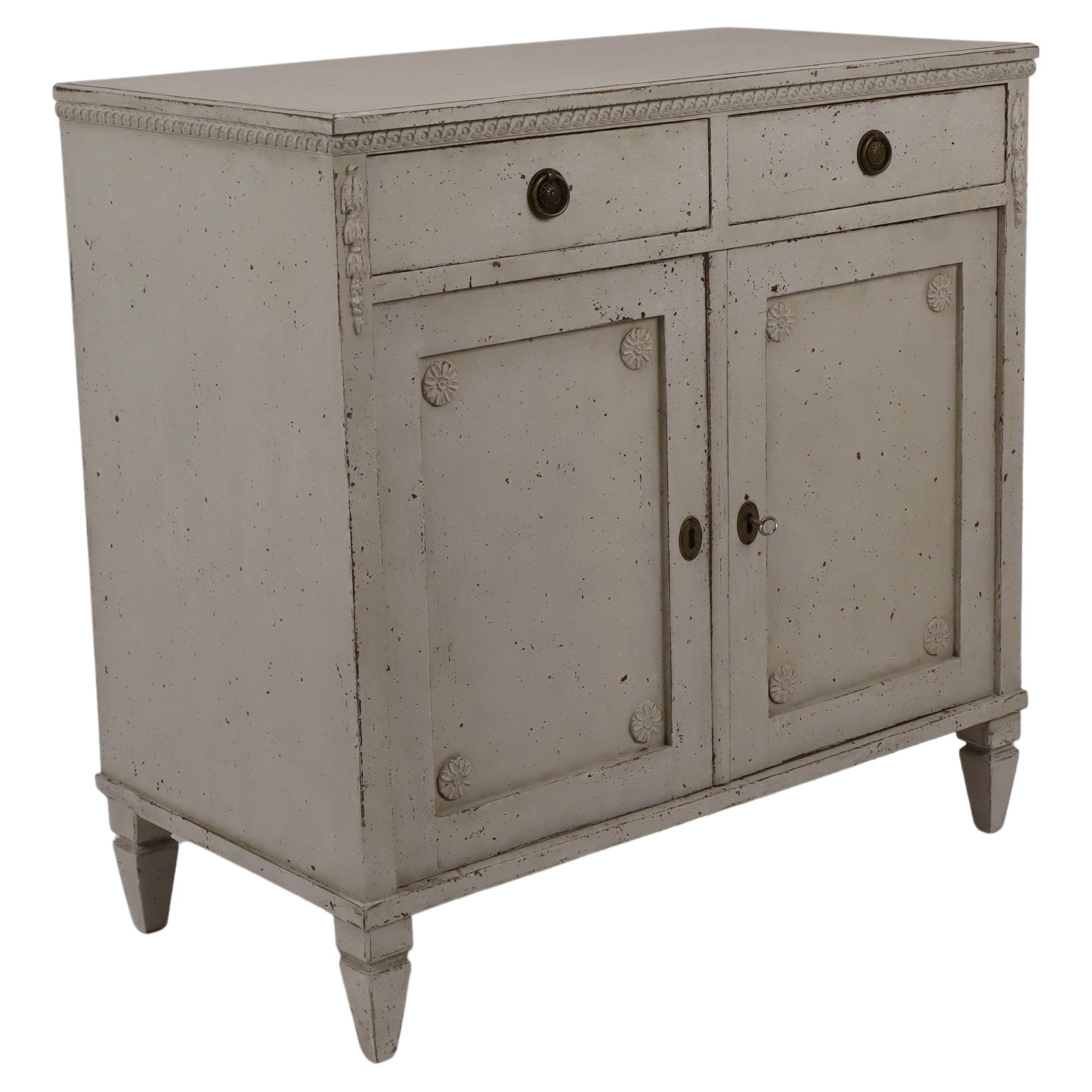 Swedish 1880s Gustavian Style Gray Painted Sideboard with Carved Guilloches For Sale