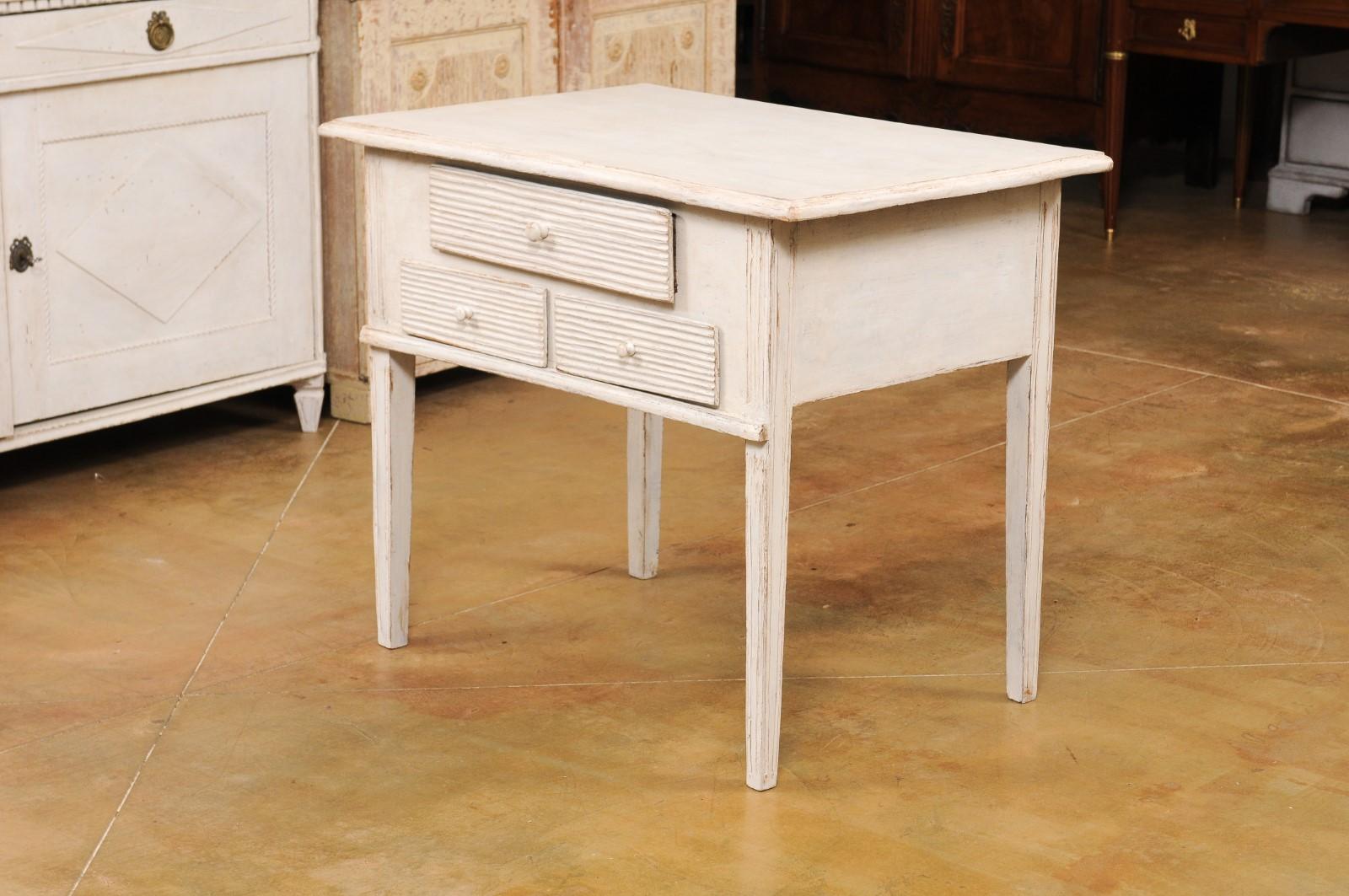 Swedish 1880s Gustavian Style Painted Side Table with Three Reeded Drawers For Sale 6
