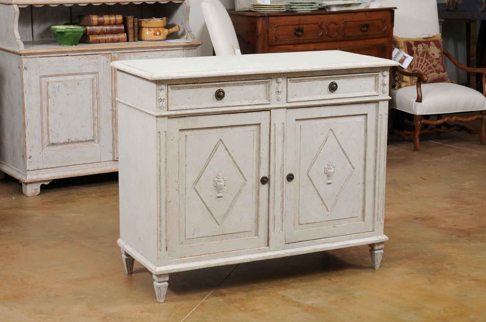 Swedish 1880s Gustavian Style Painted Sideboard with Carved Urns in Diamonds 5