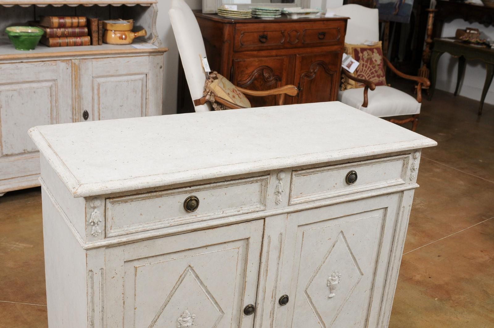 Swedish 1880s Gustavian Style Painted Sideboard with Carved Urns in Diamonds 6