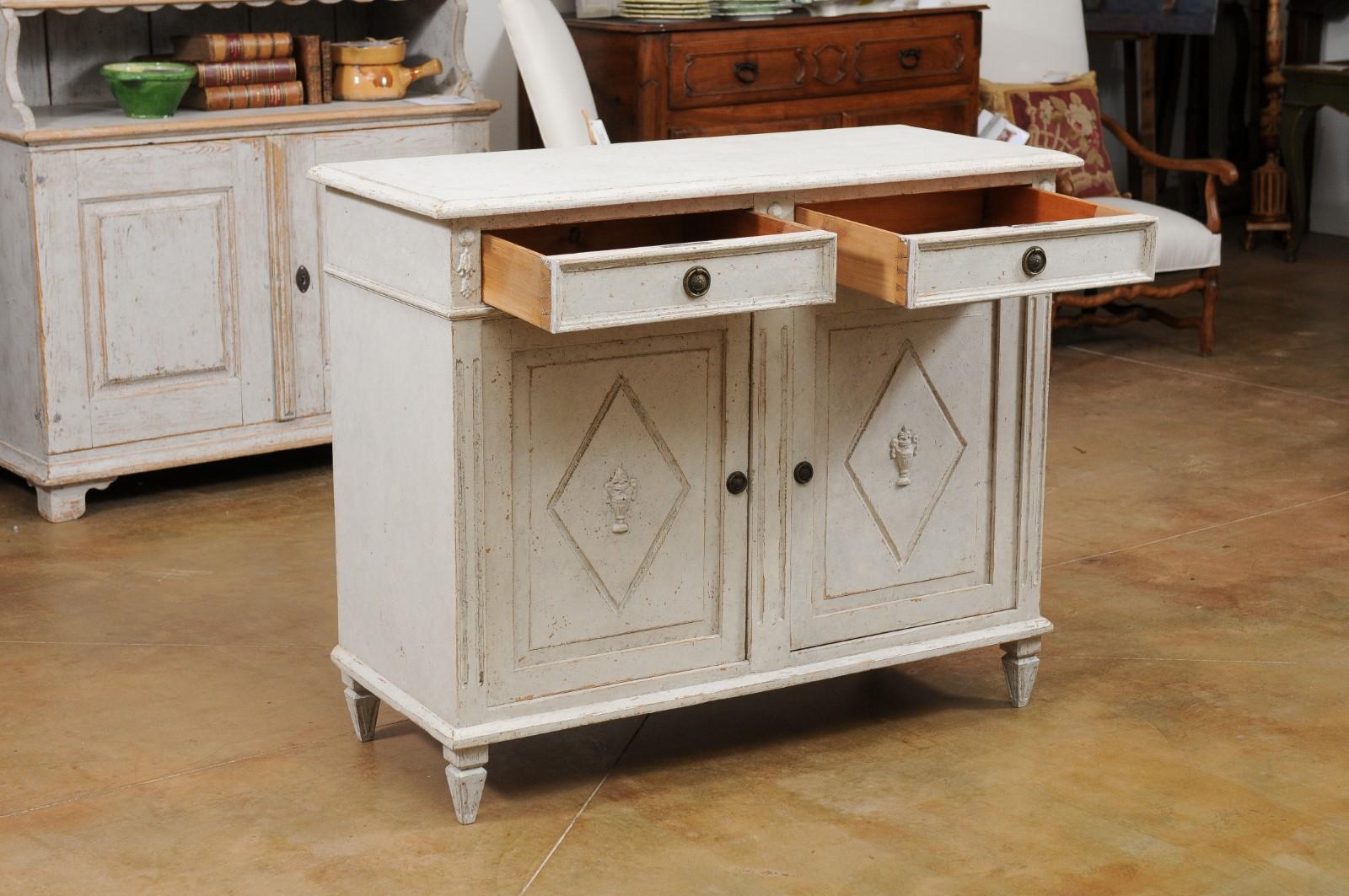 Swedish 1880s Gustavian Style Painted Sideboard with Carved Urns in Diamonds 8