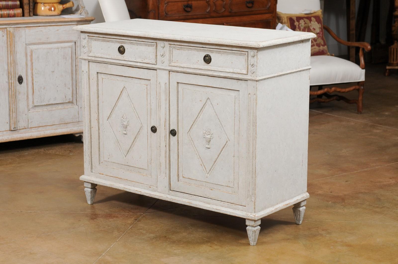 Swedish 1880s Gustavian Style Painted Sideboard with Carved Urns in Diamonds 2