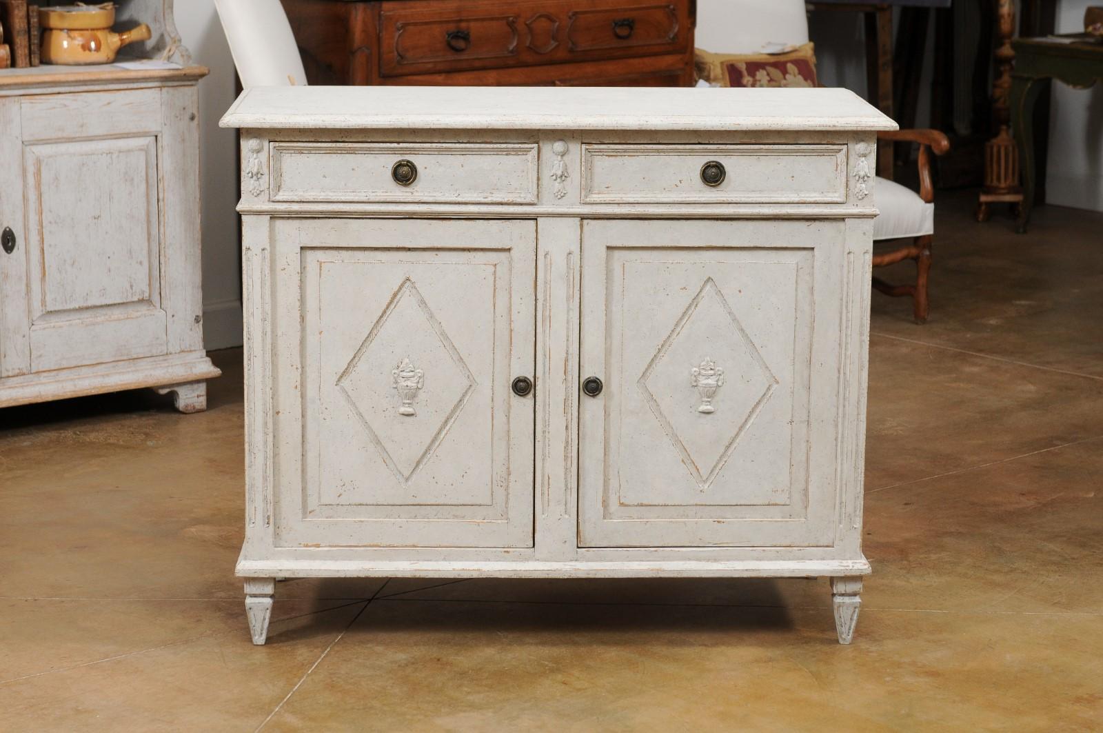 Swedish 1880s Gustavian Style Painted Sideboard with Carved Urns in Diamonds 3