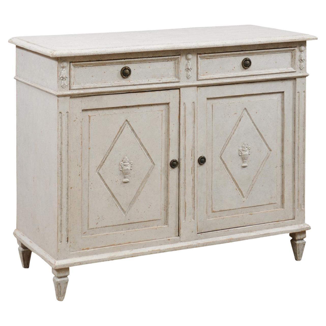 Swedish 1880s Gustavian Style Painted Sideboard with Carved Urns in Diamonds