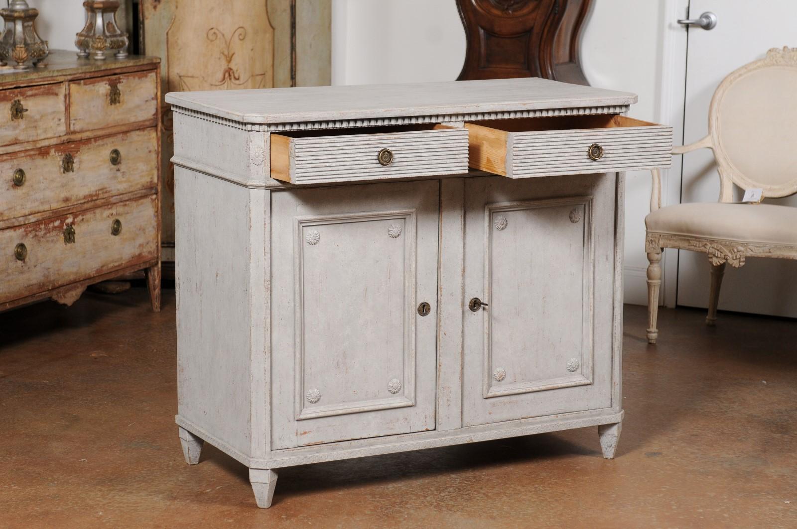 Carved Swedish 1880s Gustavian Style Painted Sideboard with Two Drawers over Two Doors