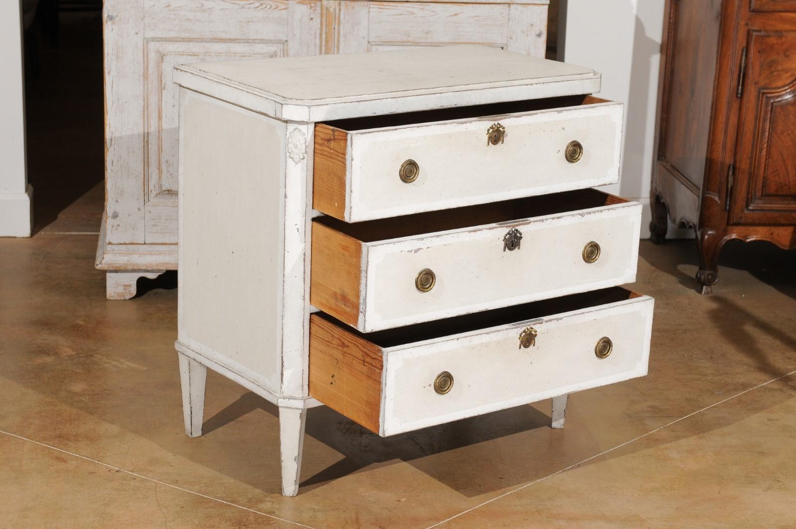 Wood Swedish 1880s Gustavian Style Painted Three-Drawer Chest with Carved Rosettes