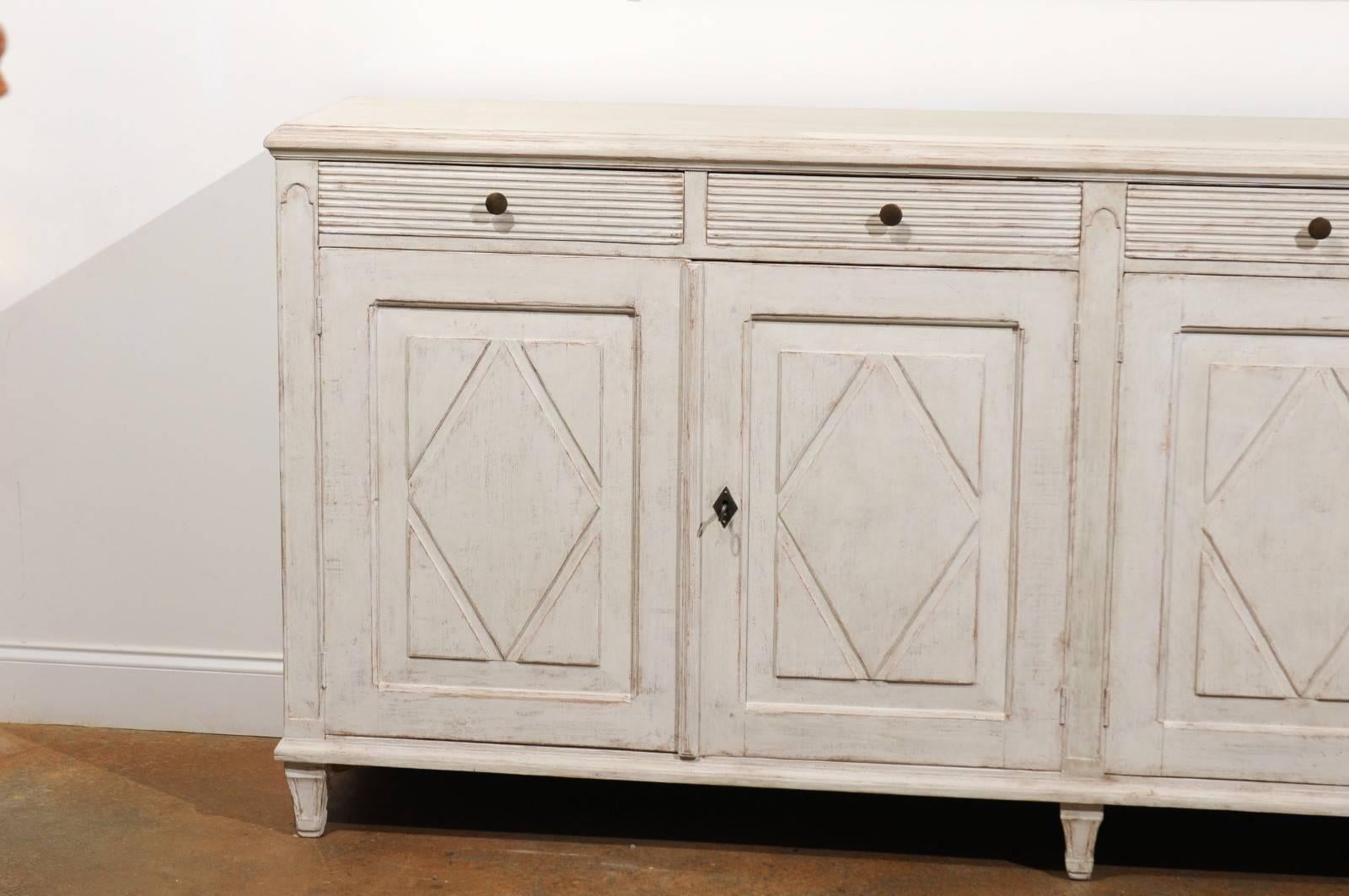 Painted Swedish 1880s Gustavian Style Sideboard with Diamond Motifs, Doors and Drawers
