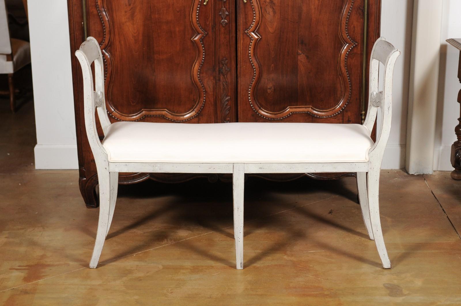 Swedish 1880s Painted Bench with Raised Arms, New Upholstery and Patina For Sale 3