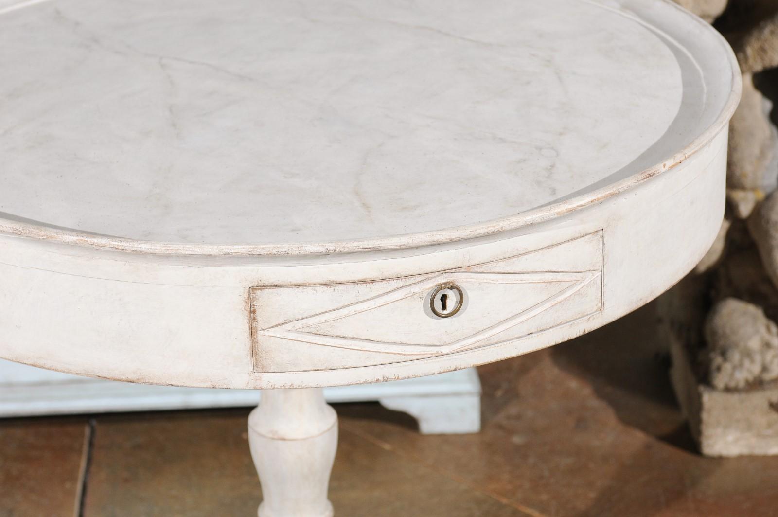 Swedish 1880s Painted Round Pedestal Table with Marbleized Tray Top and Drawers 4
