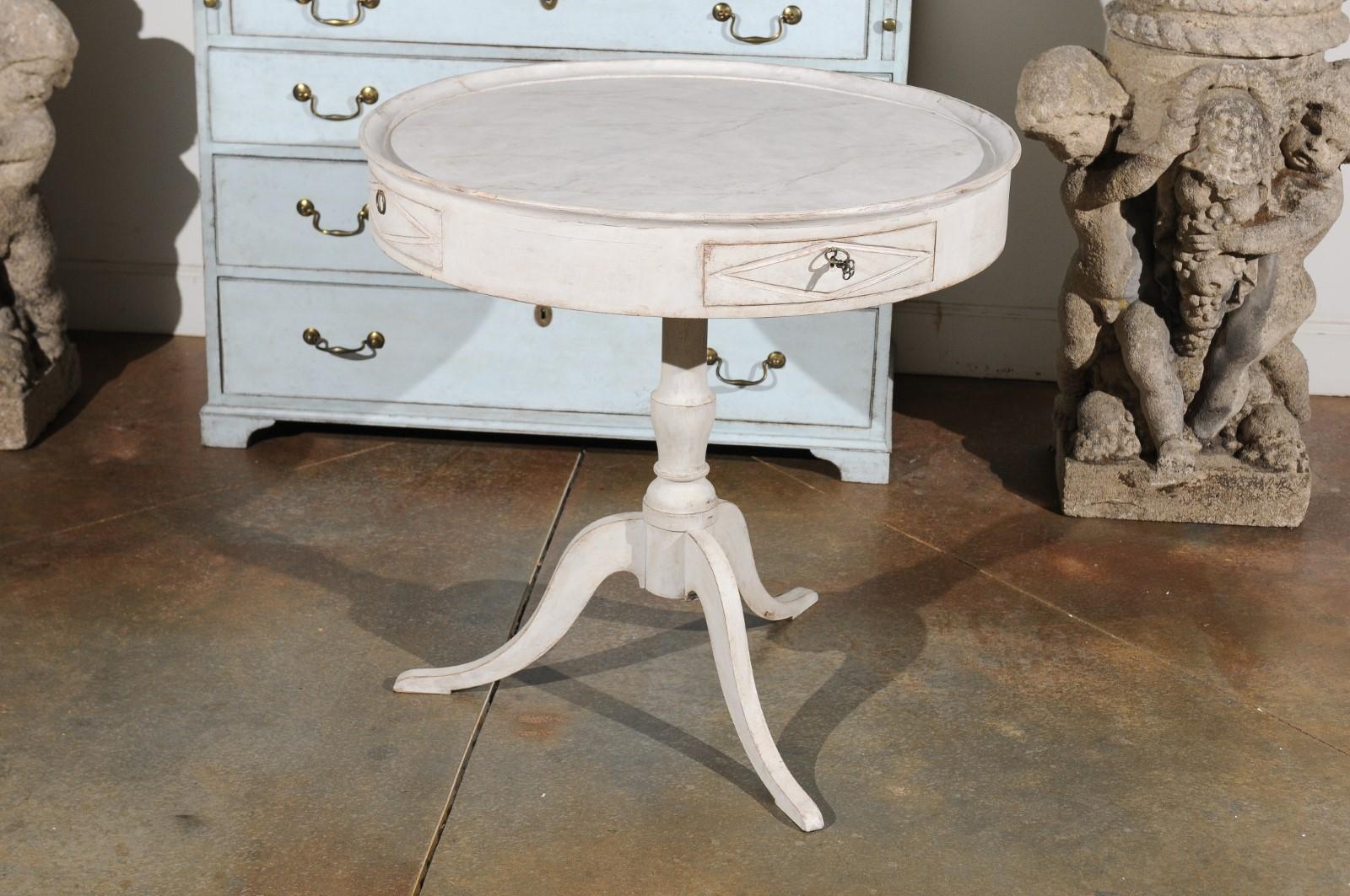 19th Century Swedish 1880s Painted Round Pedestal Table with Marbleized Tray Top and Drawers