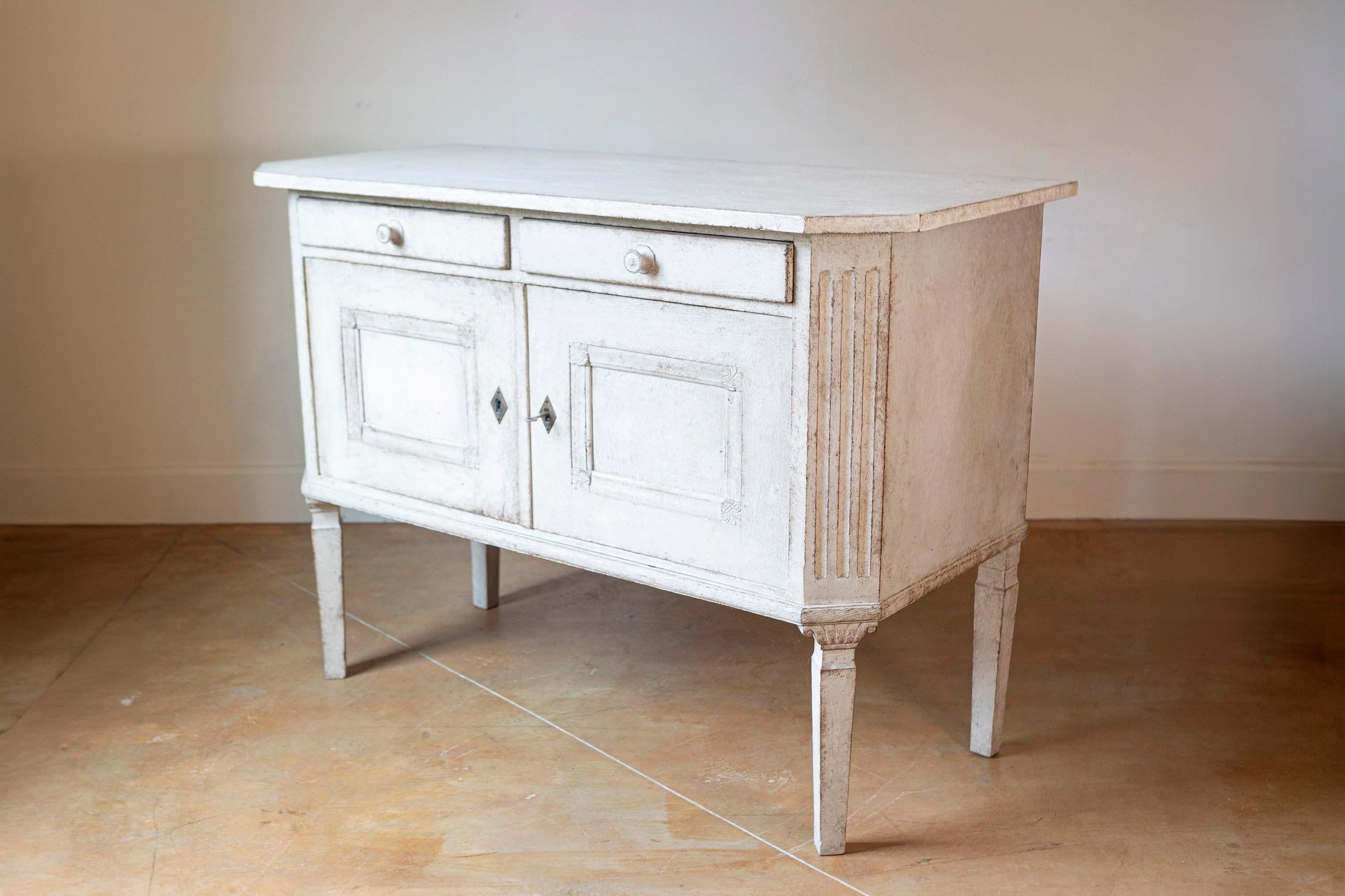 Swedish 1890 Painted Sideboard with Two Drawers, Two Doors and Fluted Side Posts In Good Condition For Sale In Atlanta, GA