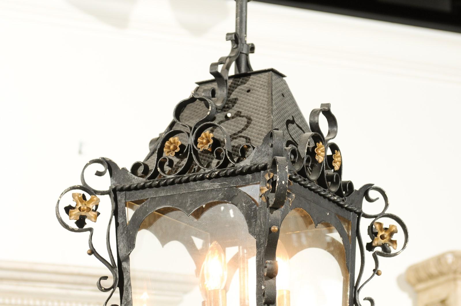 19th Century Swedish 1890s Black Iron Three-Arm Lantern with Gilt Floral Accents and Scrolls