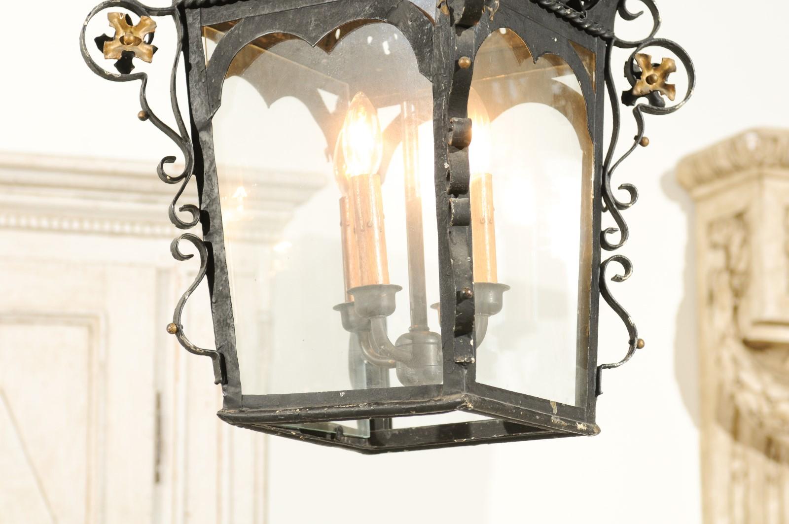 Glass Swedish 1890s Black Iron Three-Arm Lantern with Gilt Floral Accents and Scrolls