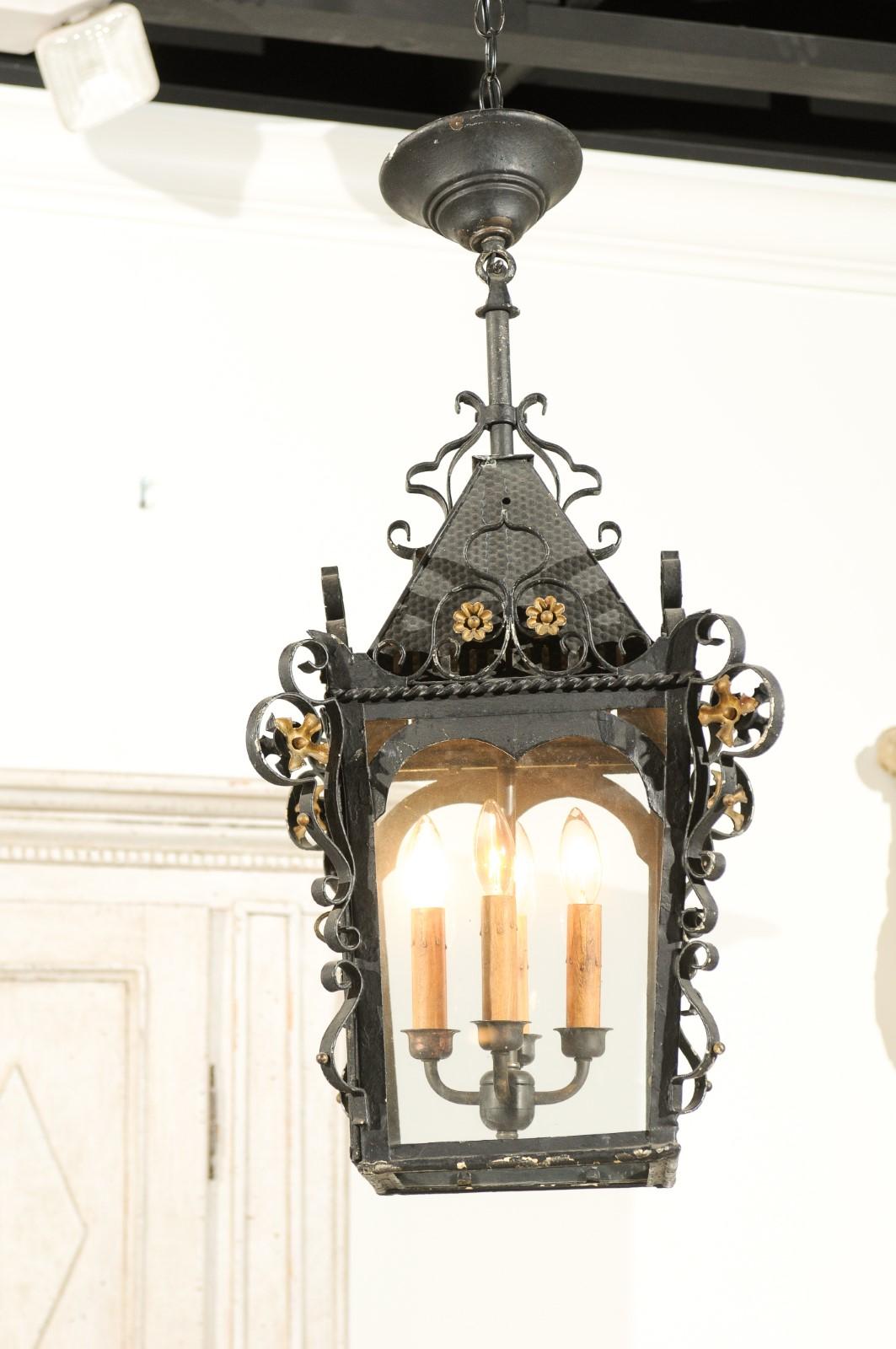 Swedish 1890s Black Iron Three-Arm Lantern with Gilt Floral Accents and Scrolls 1