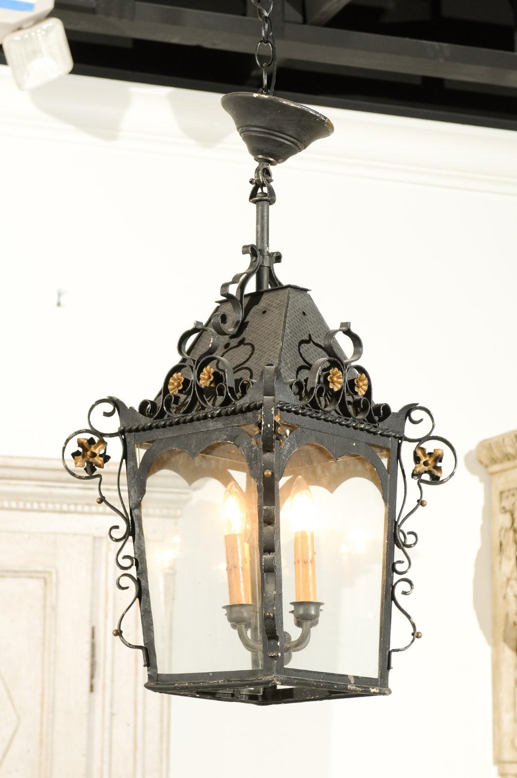 Swedish 1890s Black Iron Three-Arm Lantern with Gilt Floral Accents and Scrolls 2