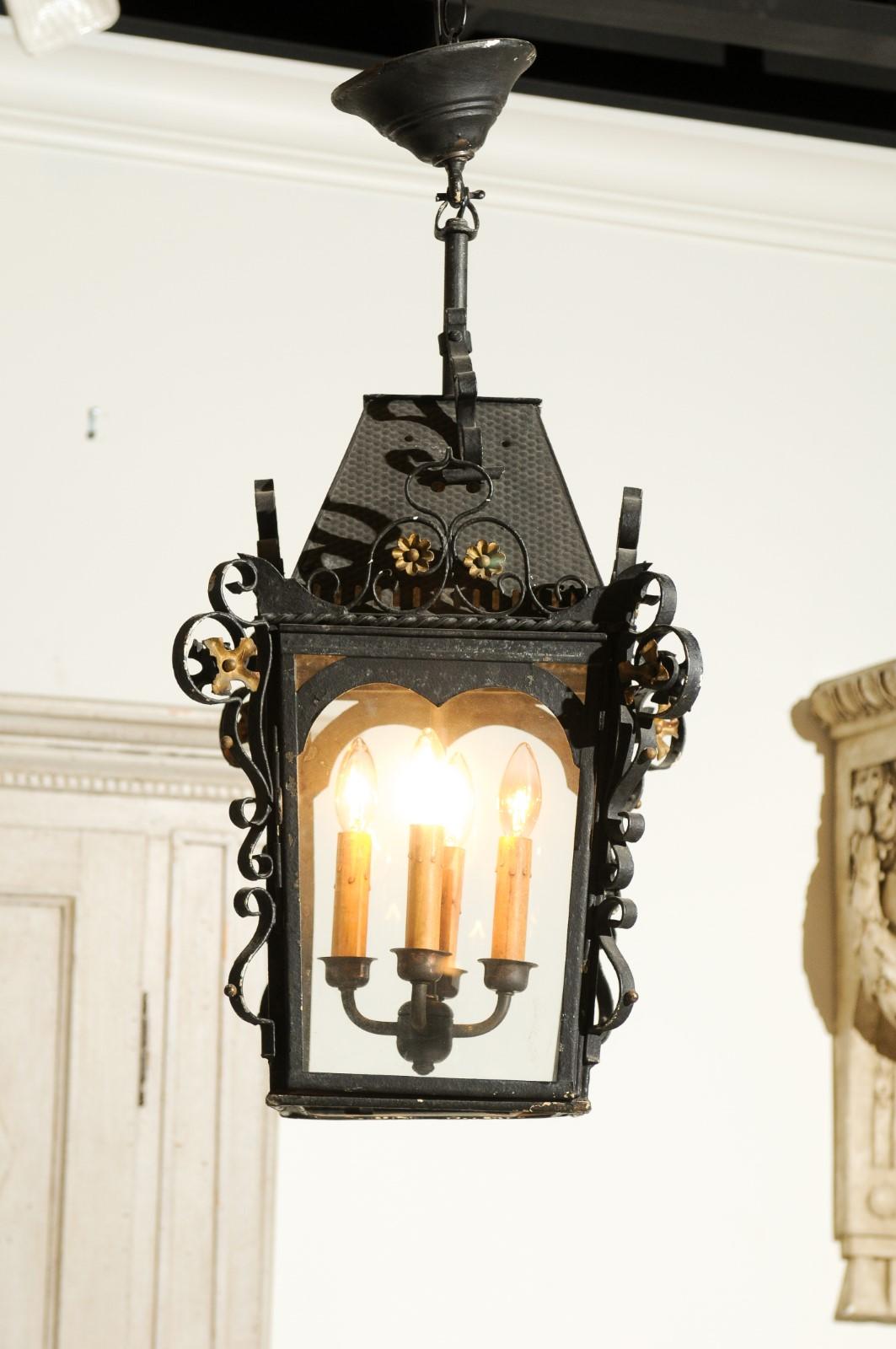 Swedish 1890s Black Iron Three-Arm Lantern with Gilt Floral Accents and Scrolls 3