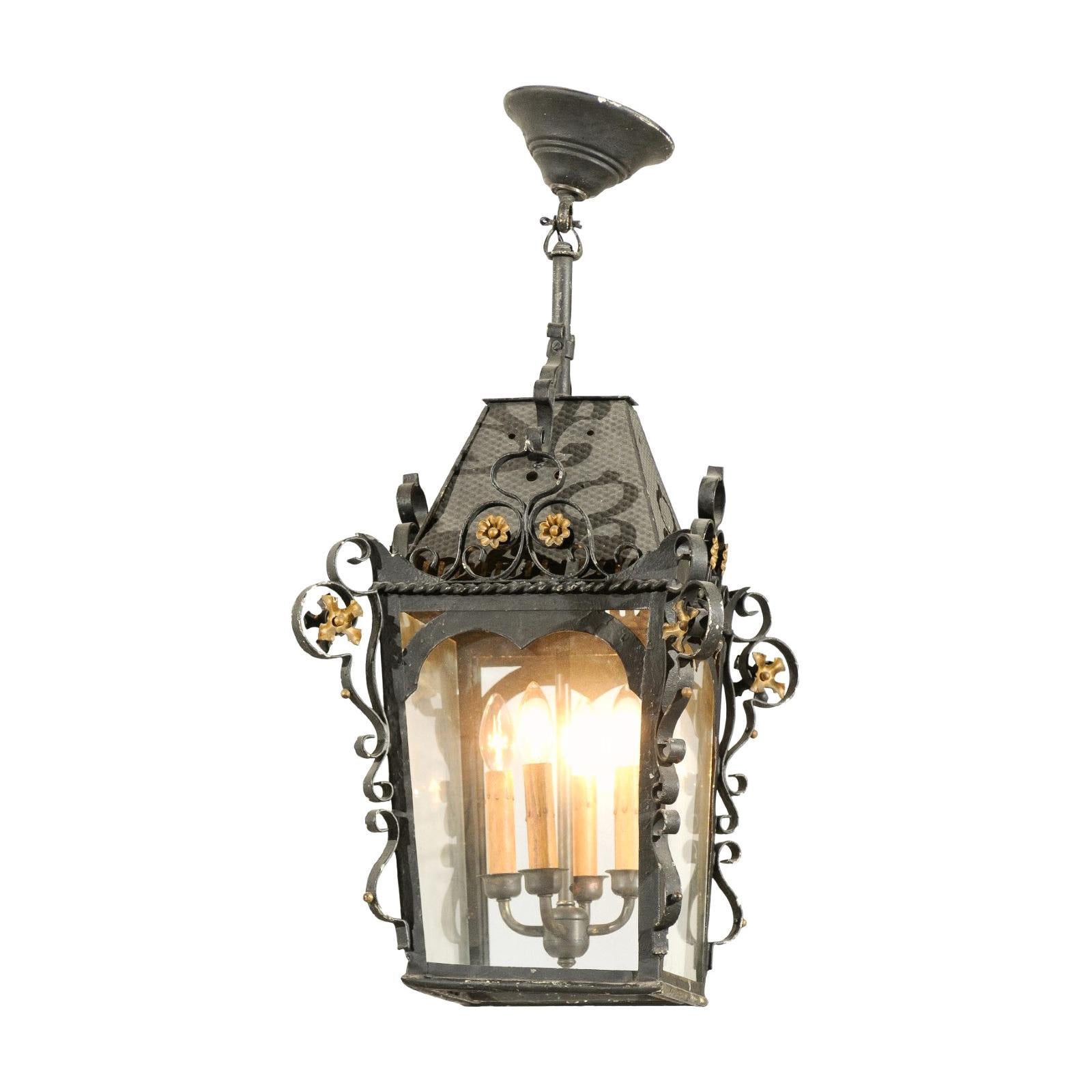 Swedish 1890s Black Iron Three-Arm Lantern with Gilt Floral Accents and Scrolls