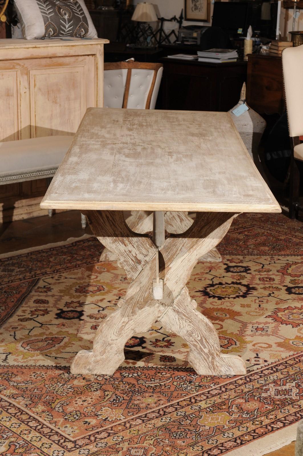 Rustic Swedish 1890s Painted Trestle Farm Table with X-Form Base and Distressed Finish