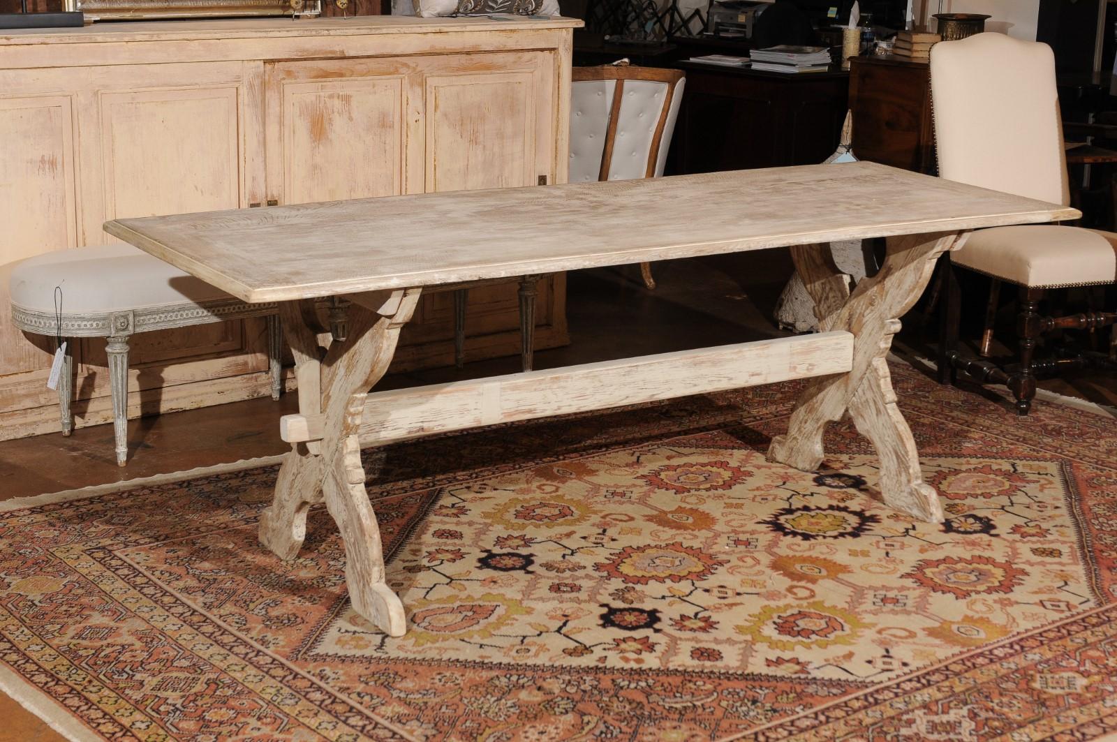 Swedish 1890s Painted Trestle Farm Table with X-Form Base and Distressed Finish In Good Condition In Atlanta, GA