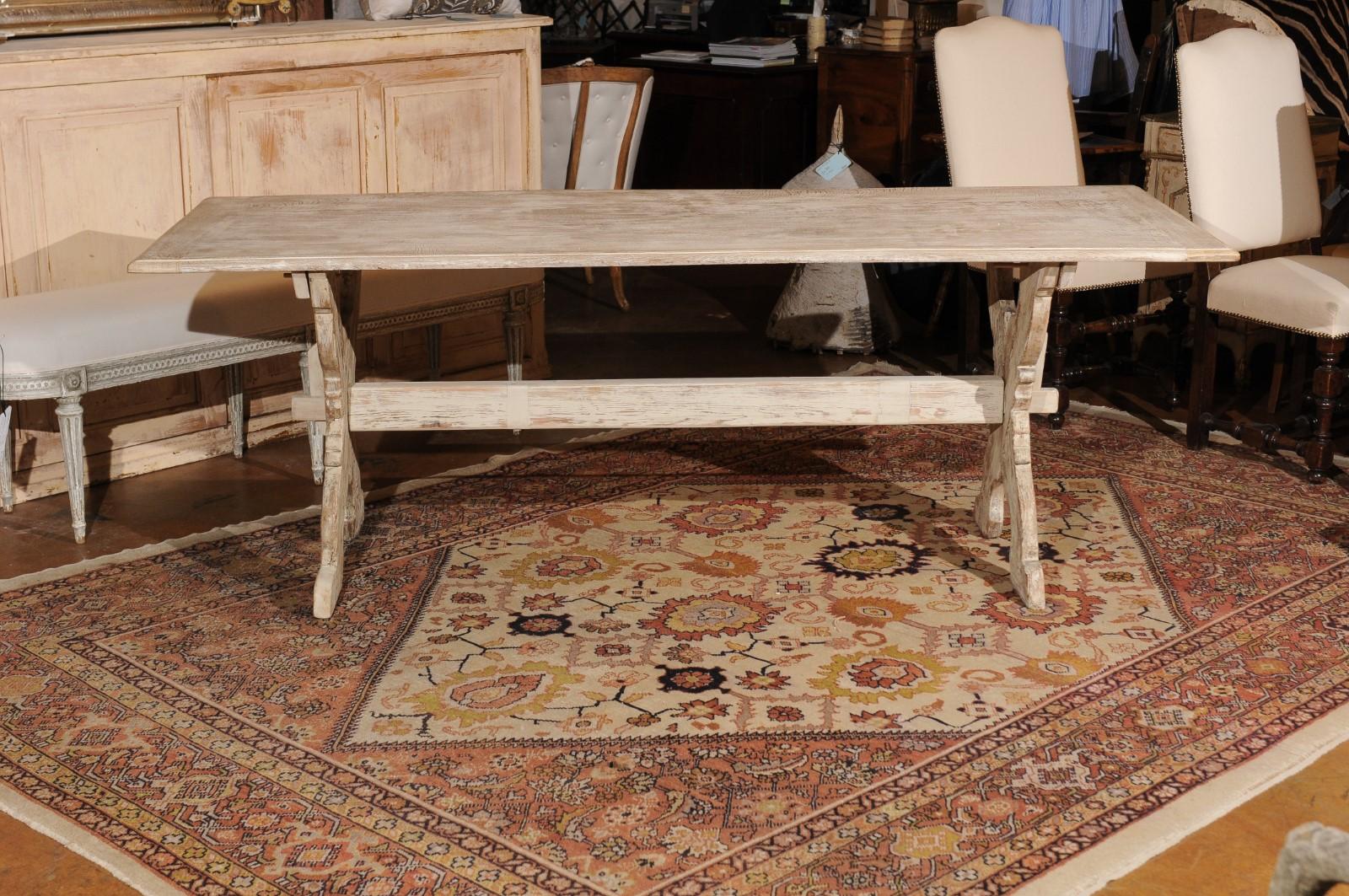 19th Century Swedish 1890s Painted Trestle Farm Table with X-Form Base and Distressed Finish