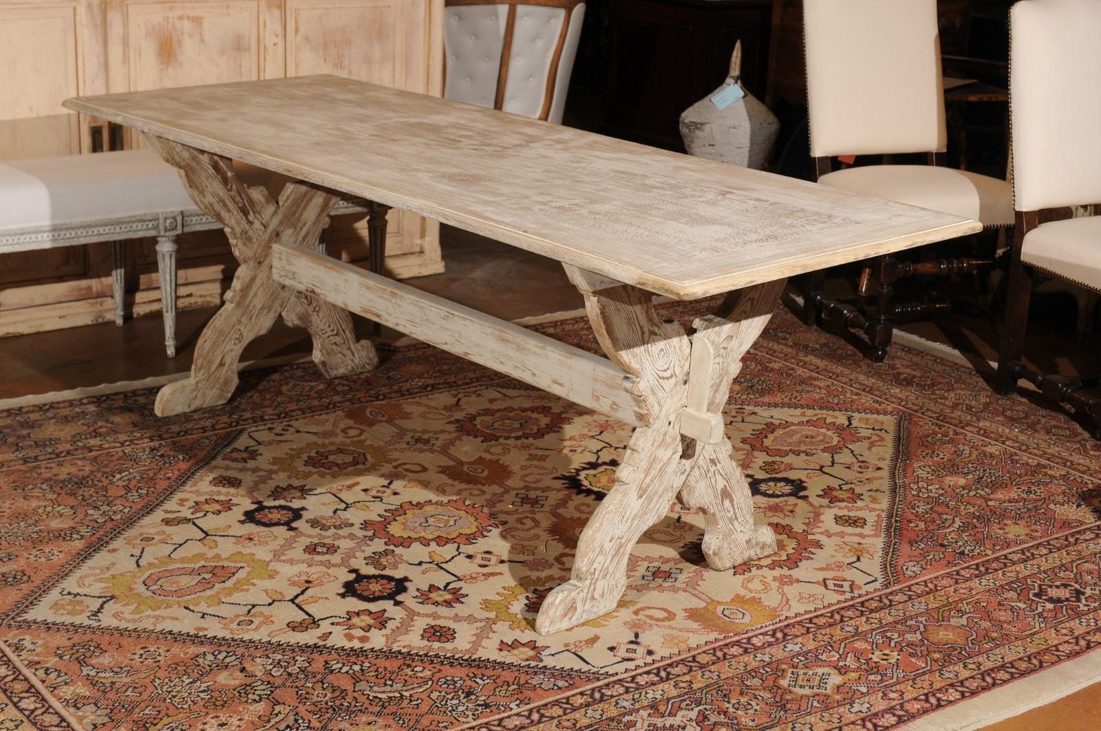 Wood Swedish 1890s Painted Trestle Farm Table with X-Form Base and Distressed Finish