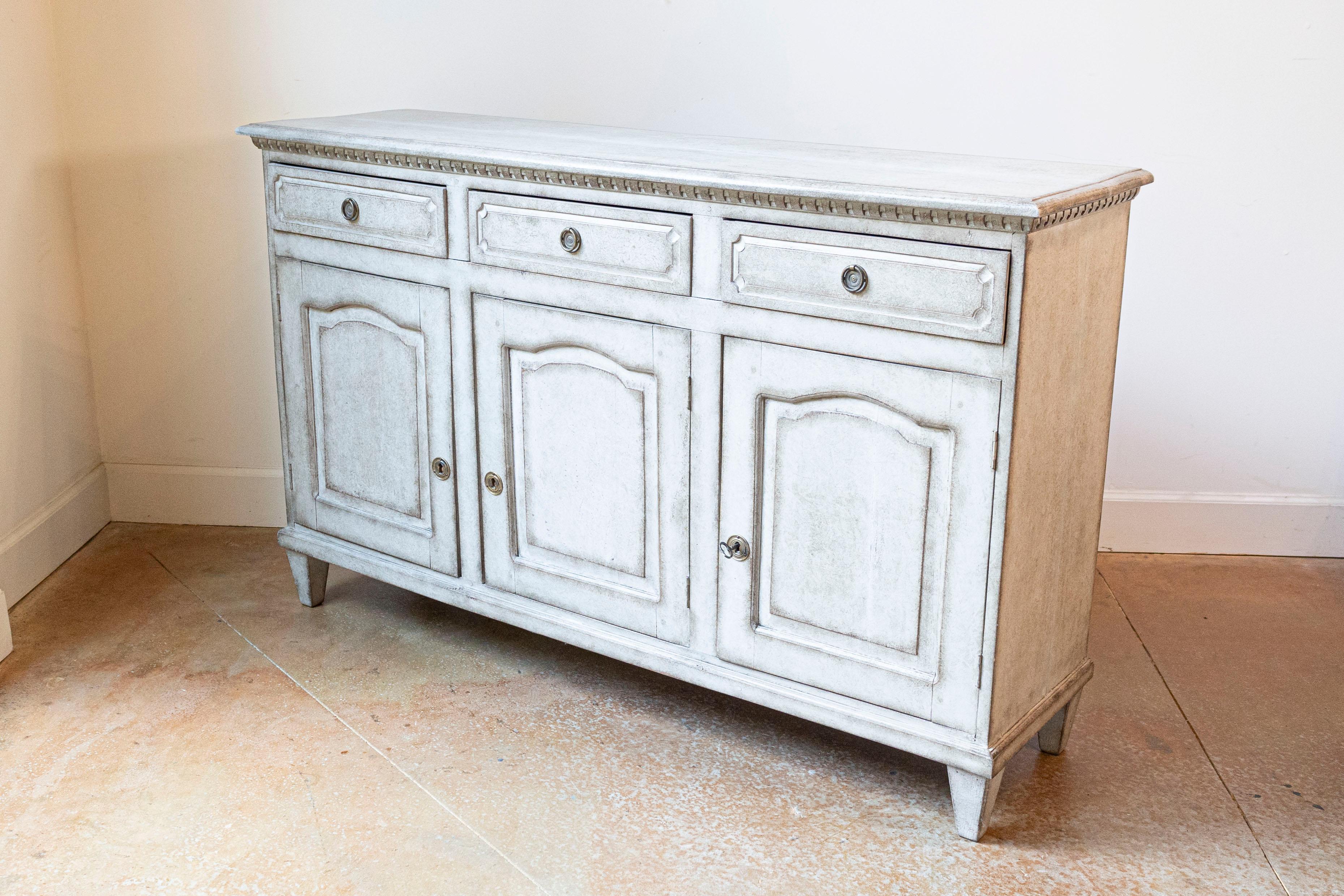19th Century Swedish, 1890s, Painted Wood Sideboard with Three Drawers over Three Doors For Sale