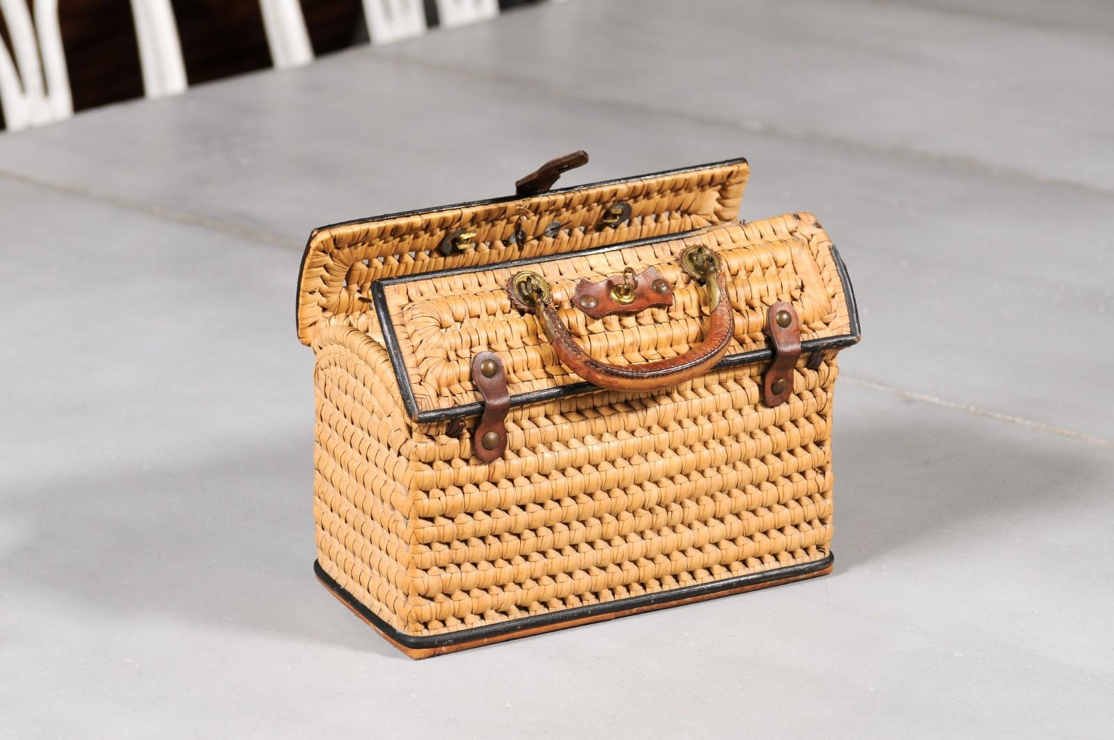 Swedish, 1890s Rustic Rectangular Lidded Wicker and Leather Basket with Handles 8