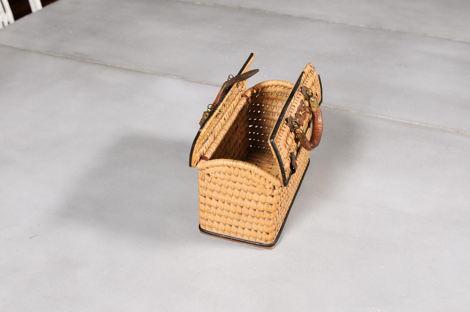 Swedish, 1890s Rustic Rectangular Lidded Wicker and Leather Basket with Handles 9