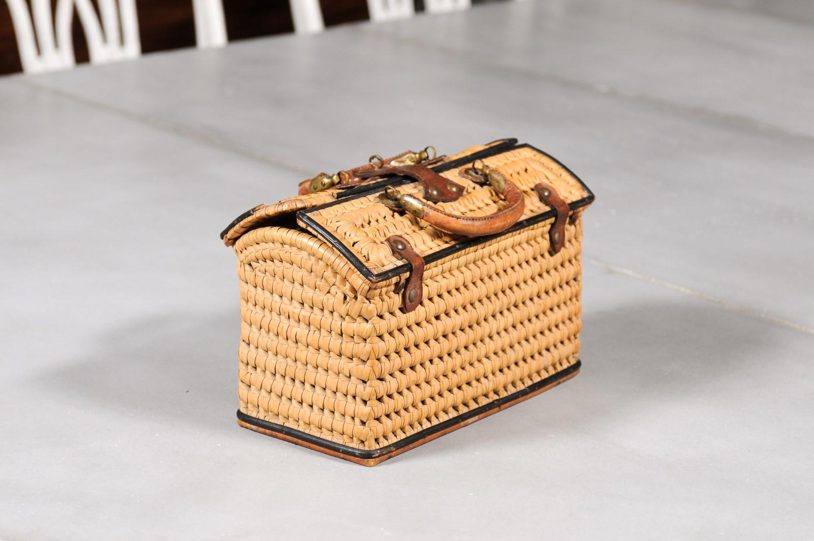 19th Century Swedish, 1890s Rustic Rectangular Lidded Wicker and Leather Basket with Handles