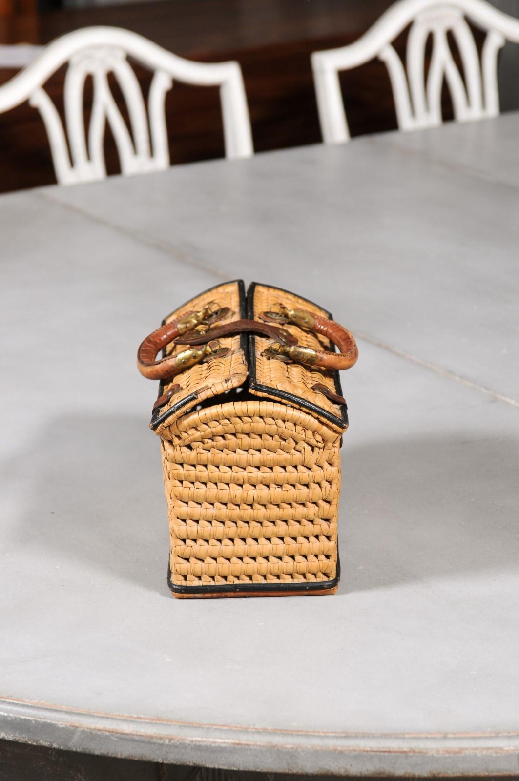Swedish, 1890s Rustic Rectangular Lidded Wicker and Leather Basket with Handles 1