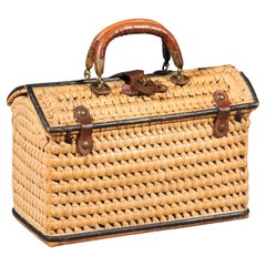 Swedish, 1890s Rustic Rectangular Lidded Wicker and Leather Basket with Handles