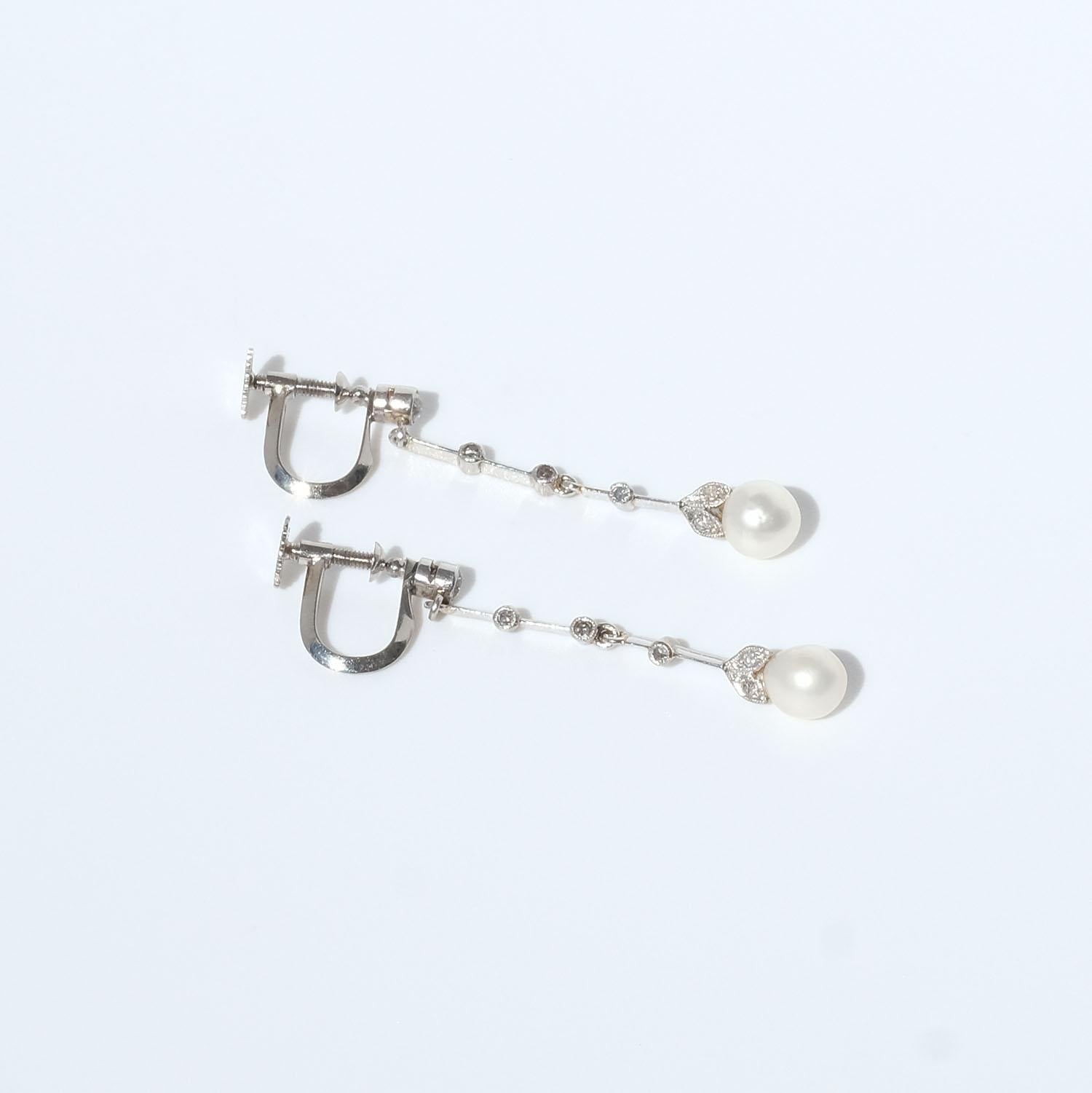 Octagon Cut Swedish 18k White Gold, Diamond and Pearl Earrings, Mid-20th Century For Sale