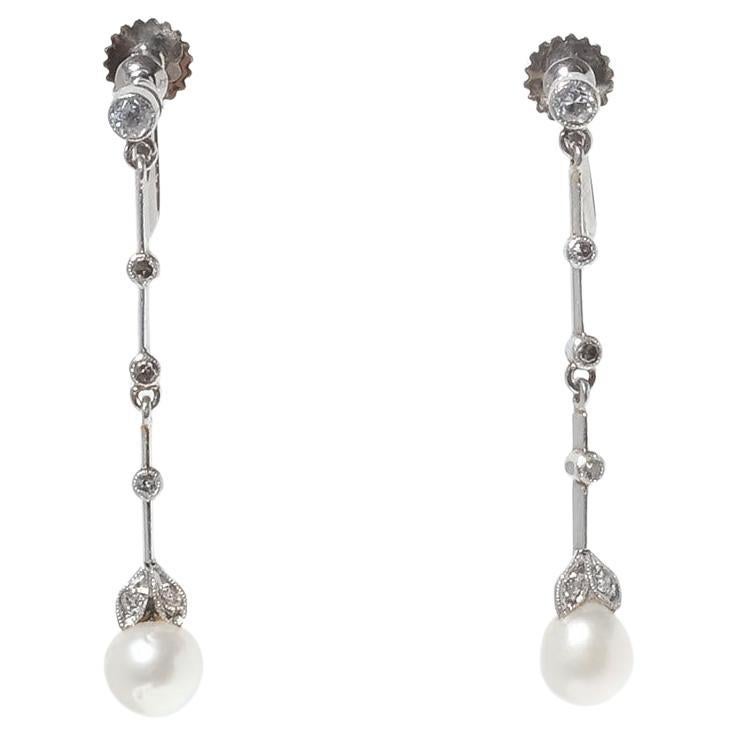 Swedish 18k White Gold, Diamond and Pearl Earrings, Mid-20th Century For Sale