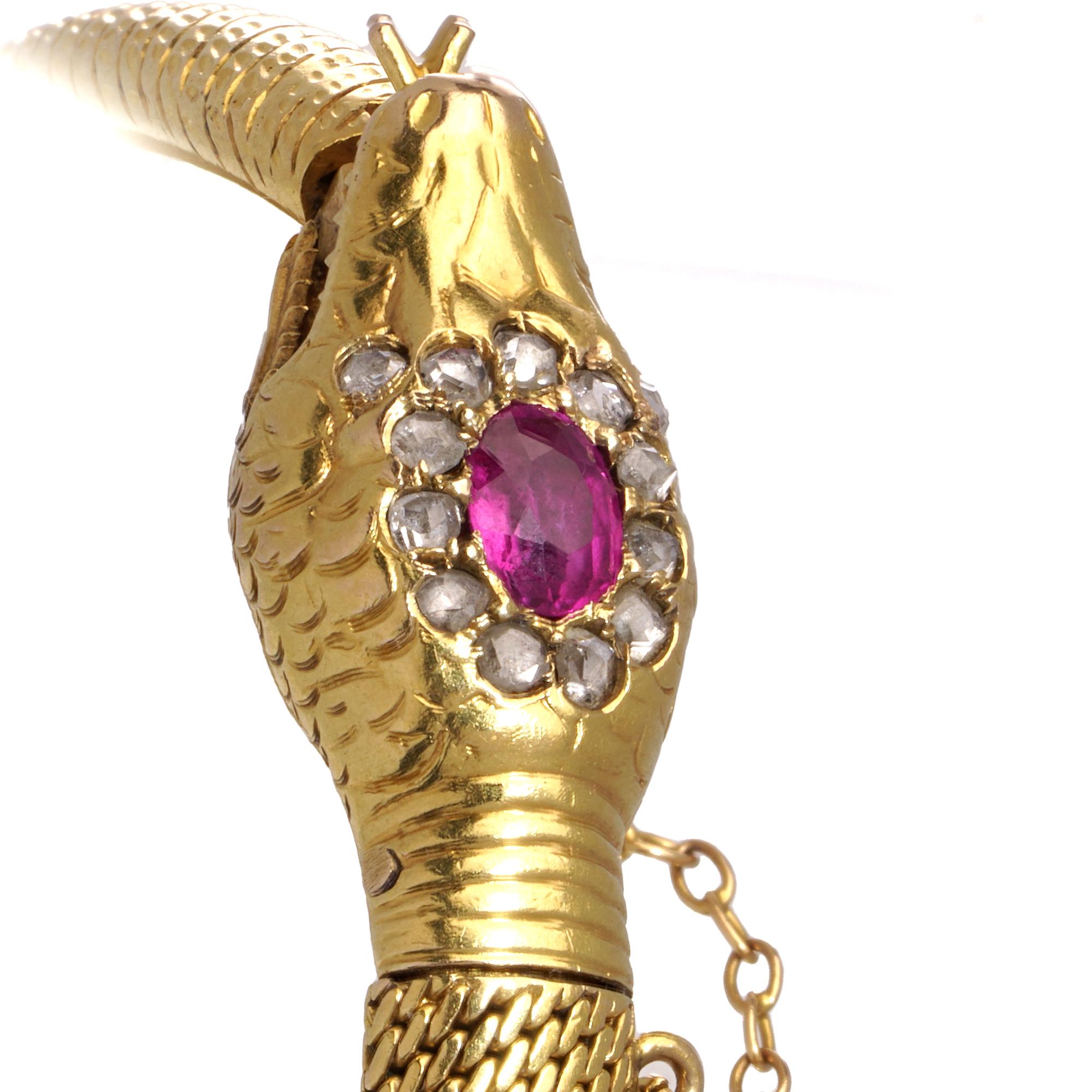 Rose Cut Swedish 18kt yellow gold Ouroboros serpent hollow mesh bracelet For Sale