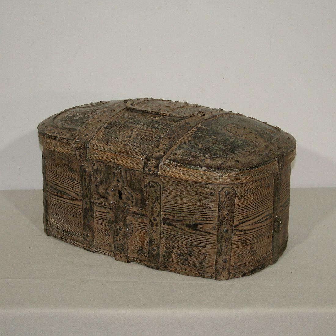 Rare Swedish travel box with stunning patina and hand forged iron details.
Sweden, circa 1750. Weathered, old repairs and small losses.
More pictures available on request.
   