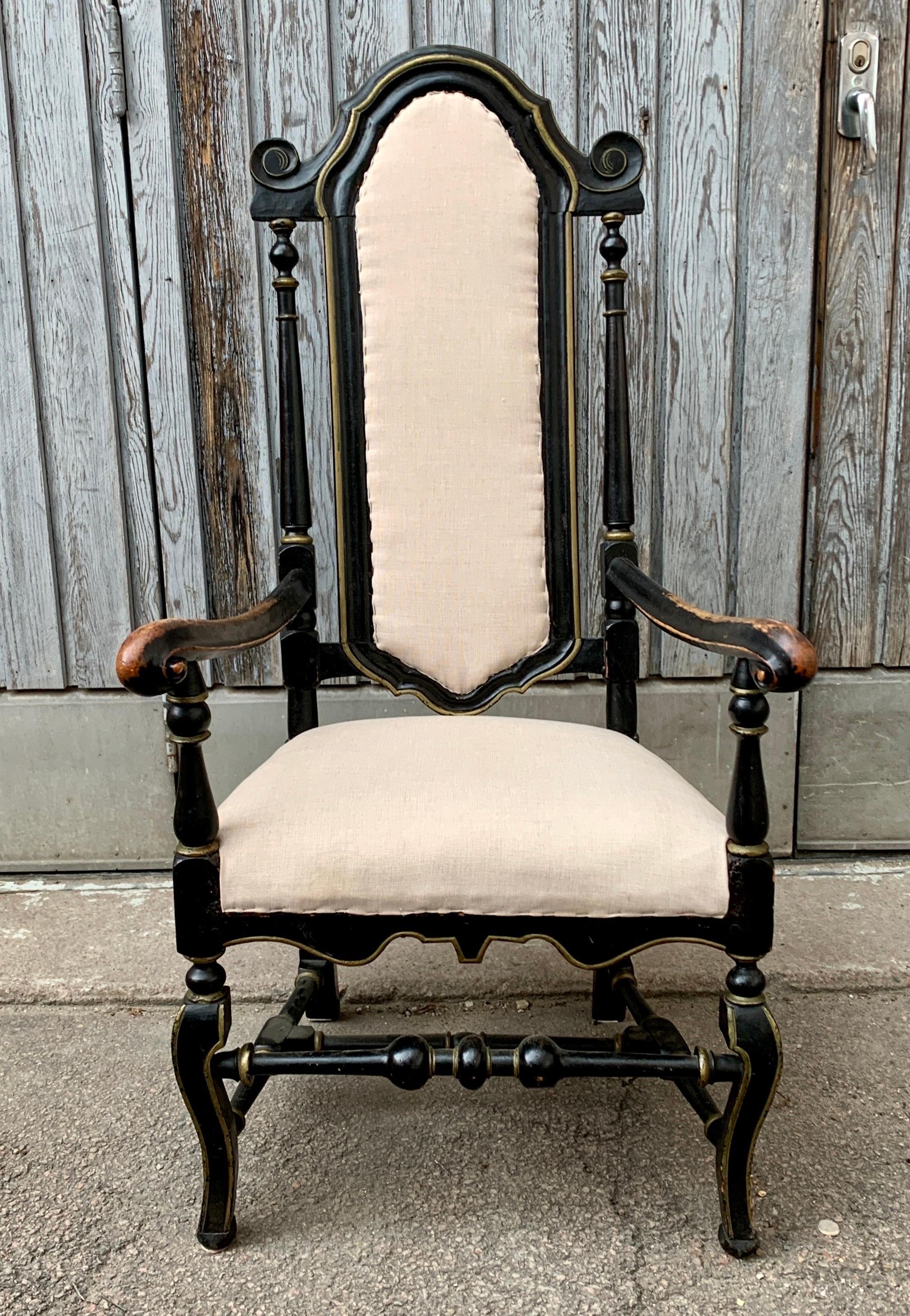 Swedish 18th Century Black Painted  Baroque Armchair For Sale 5