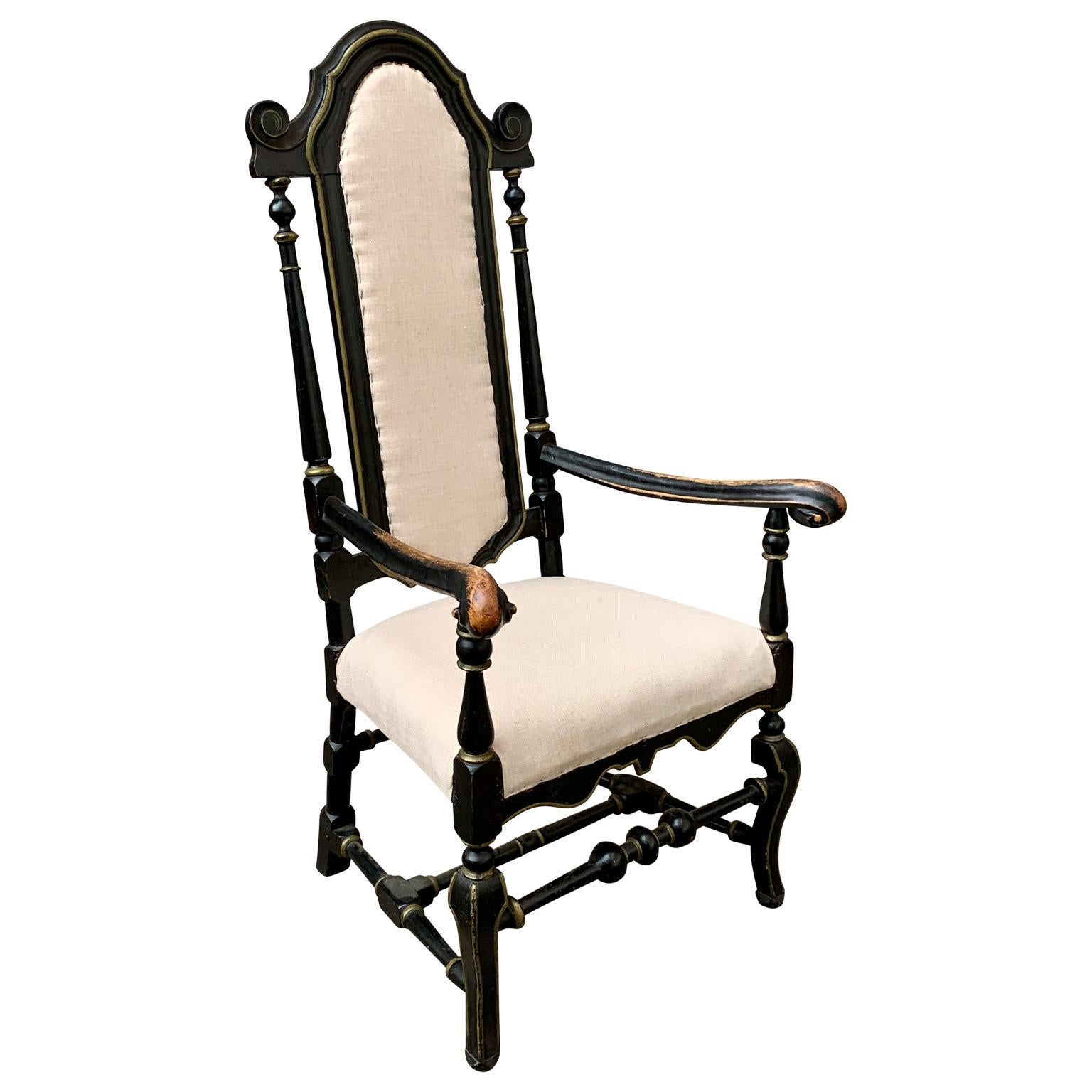 A Mid 18th Century Swedish writing desk armchair painted in black, in solid oak wood. This Scandinavian baroque seating is sturdy and ready to place directly in a studio, a hall or in a big living room. Additionally, may be placed in front of a