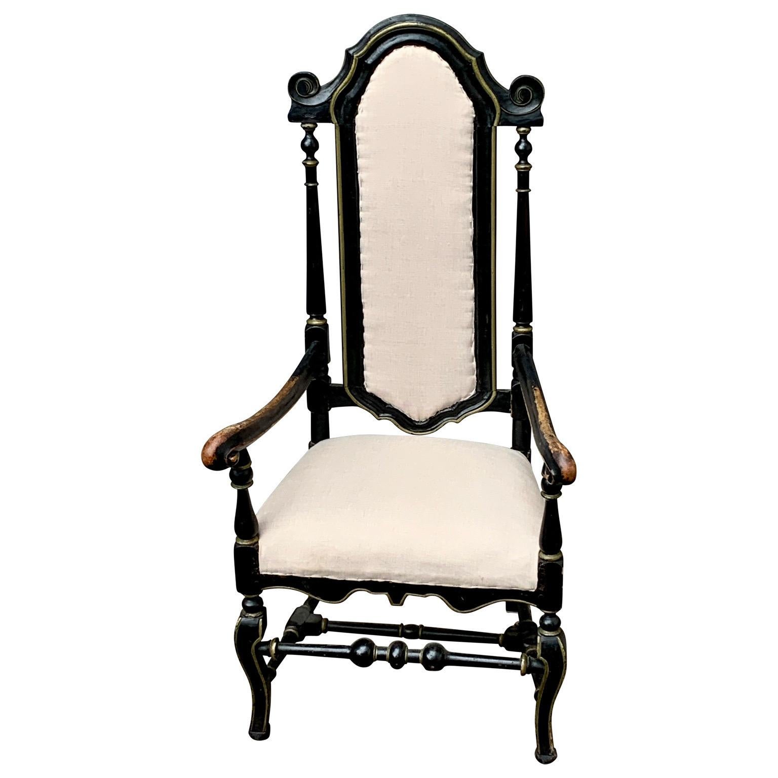 Carved Swedish 18th Century Black Painted  Baroque Armchair For Sale