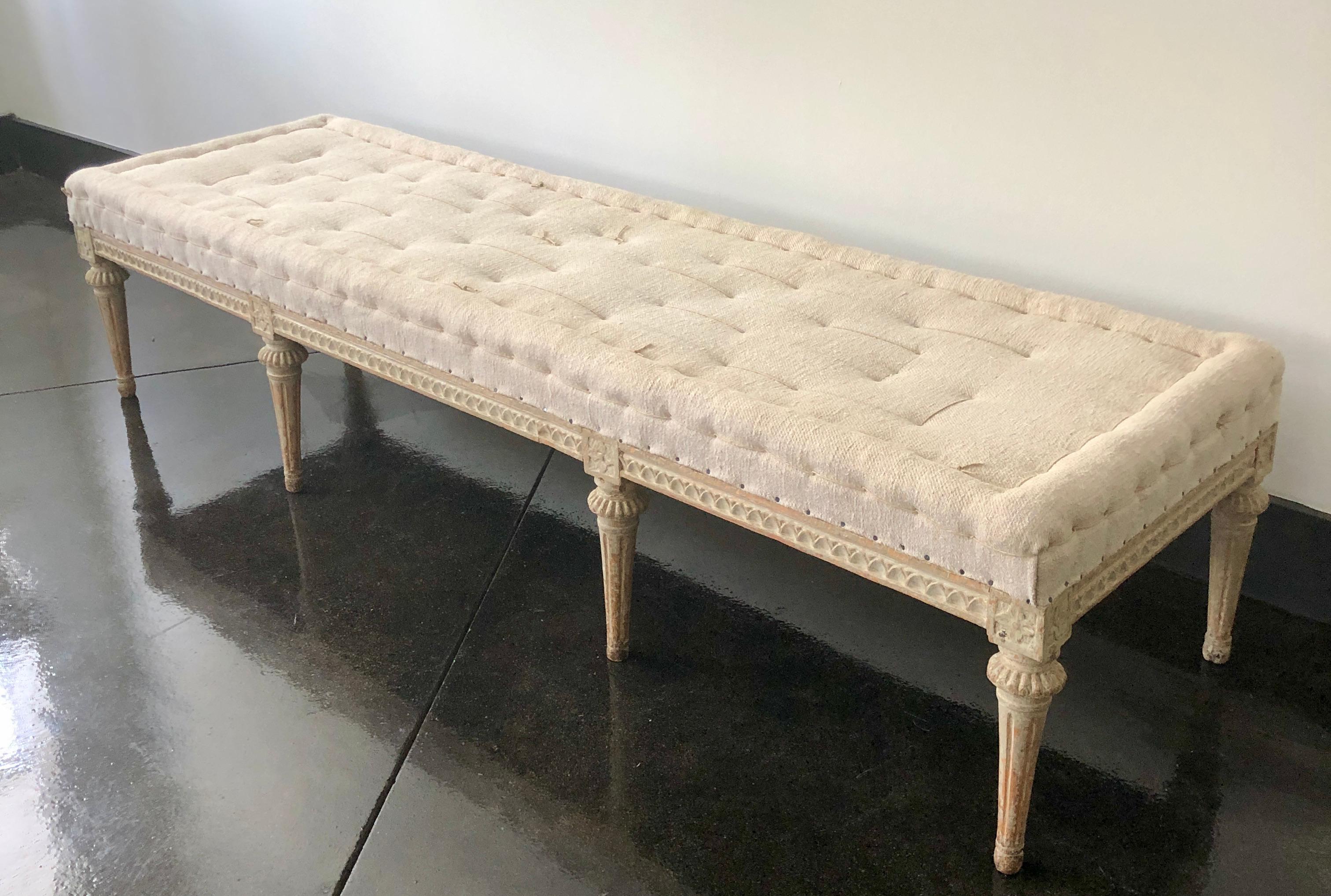 Hand-Carved Swedish 18th century Gustavian Period Bench with Antique Linen