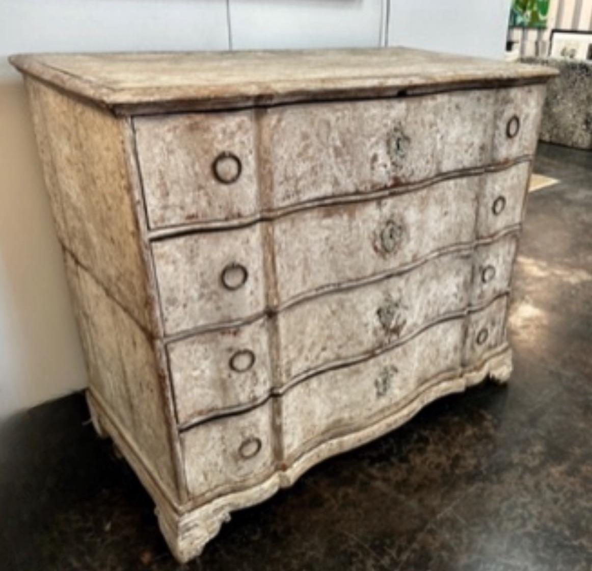 Beautiful 18th Century Swedish Serpentine front Commode Chest of Drawers in two pieces.  this Two piece design was often used for moving the chest in small spaces.  The paint on this piece is lovely with layers and layers of original paint.  grays,