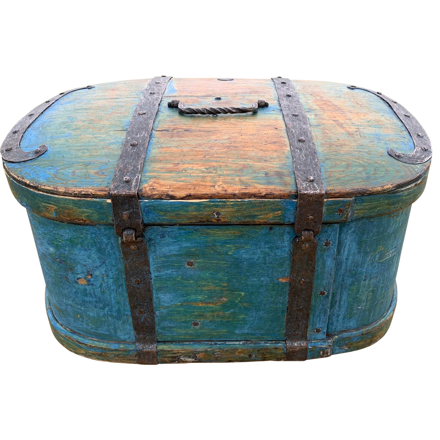 Pine Swedish 18th Century Original Blue Folk Art Painted Box For Sale