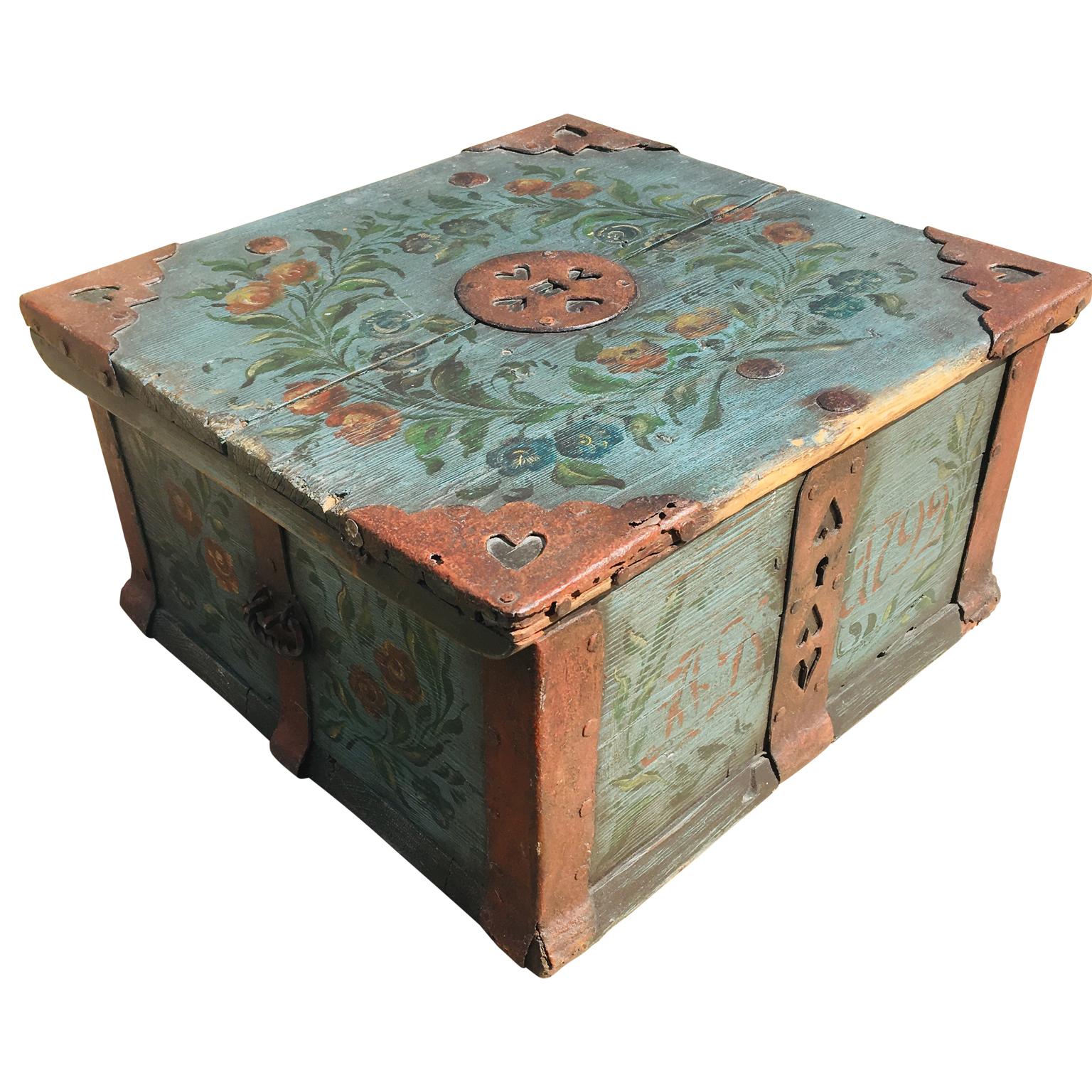 Folk Art Swedish 18th Century Original Painted Decorative Box, Monogrammed & Dated 1792