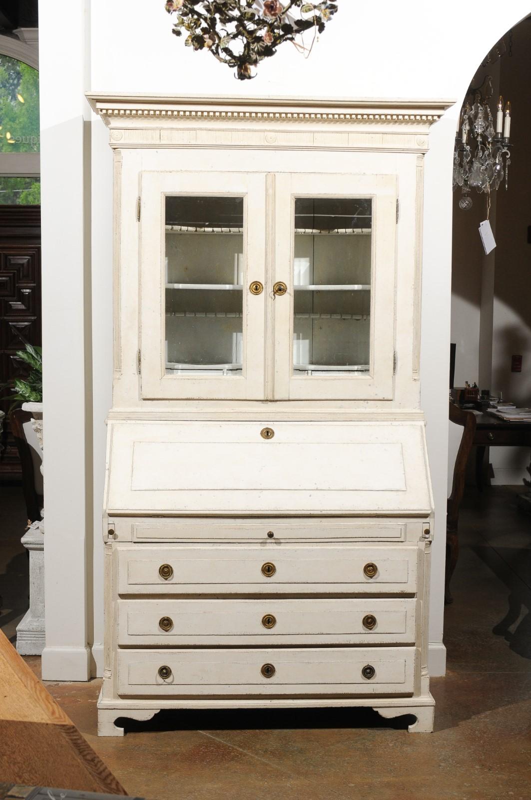 Swedish 18th Century Painted Secretary with Glass Doors and Slanted Front Desk 5