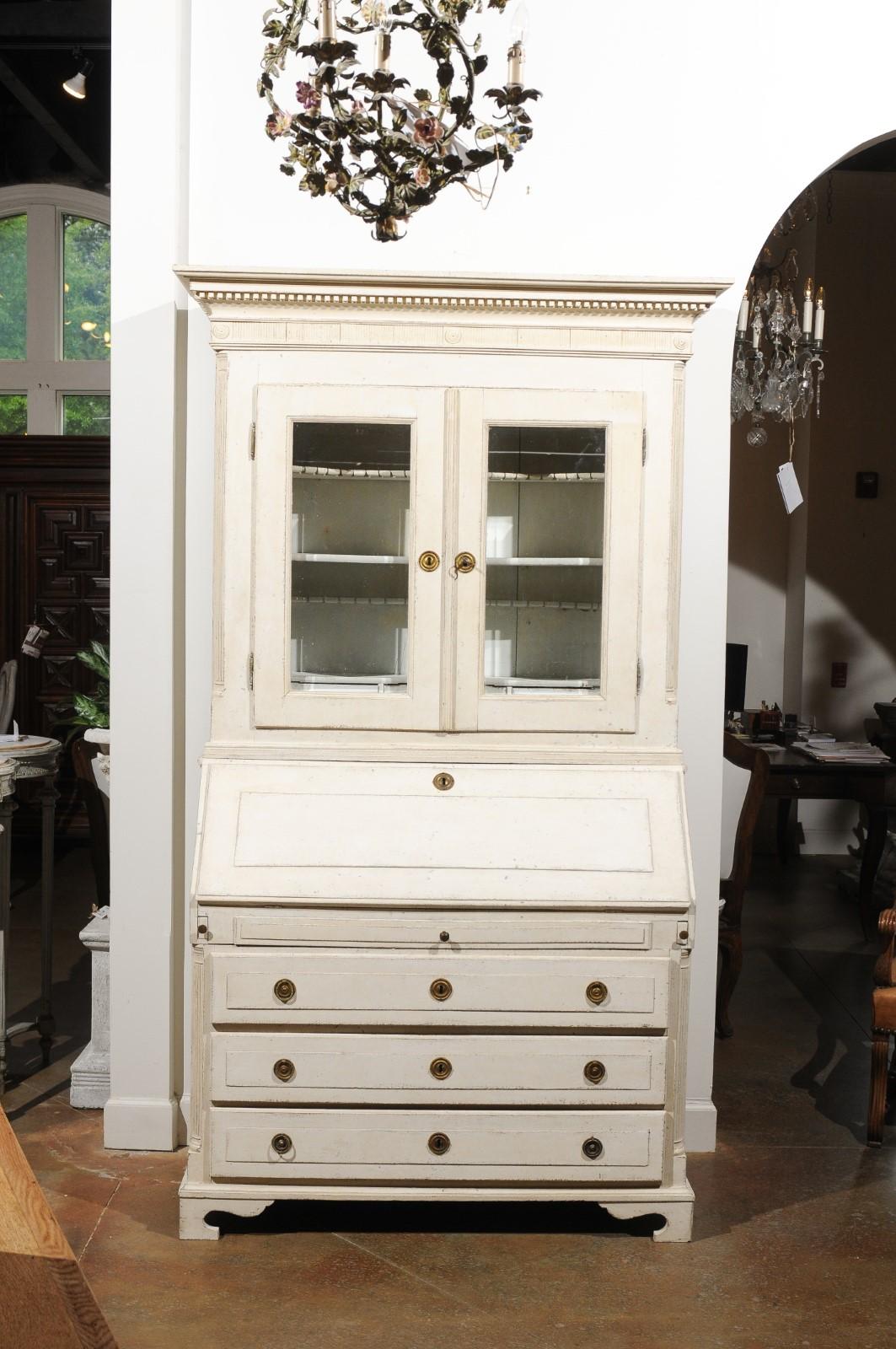 Swedish 18th Century Painted Secretary with Glass Doors and Slanted Front Desk 6